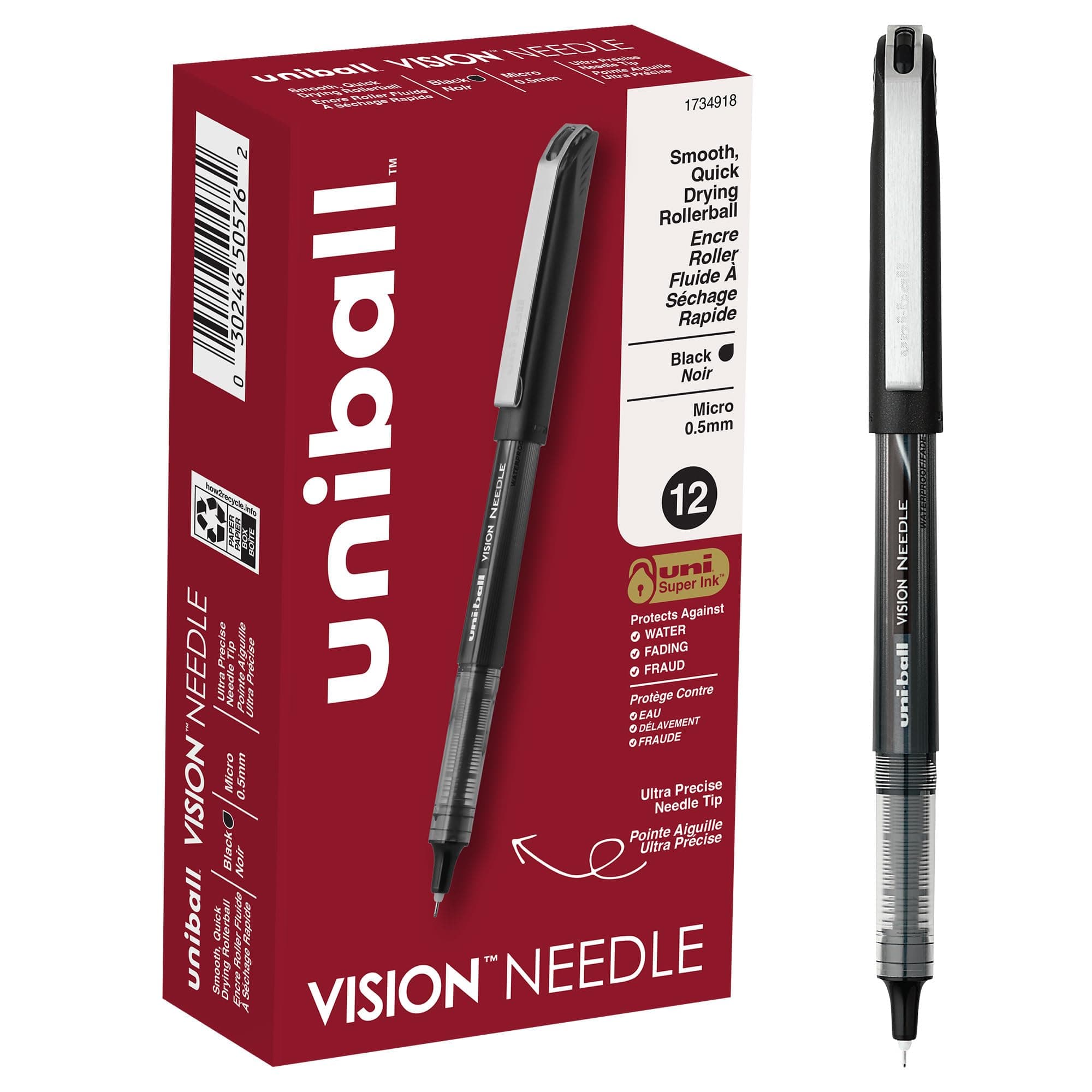 uni-ball Vision Needle Rollerball Pens, Micro Point (0.5mm), Black, 12 Count