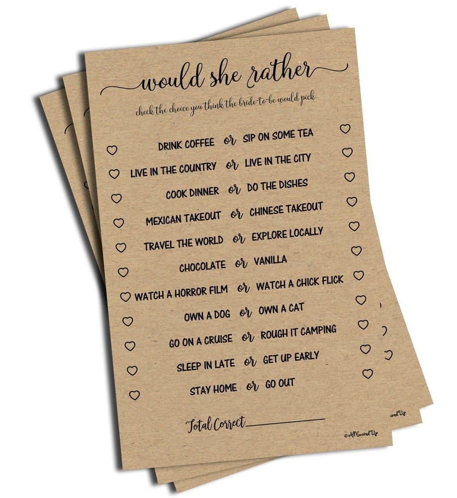 All Ewired Up Would She Rather Game - Kraft (50-sheets) Rustic Bridal Wedding Shower or Bachelorette Party Game, Printed Engagement Rehearsal (Large Size Sheets)