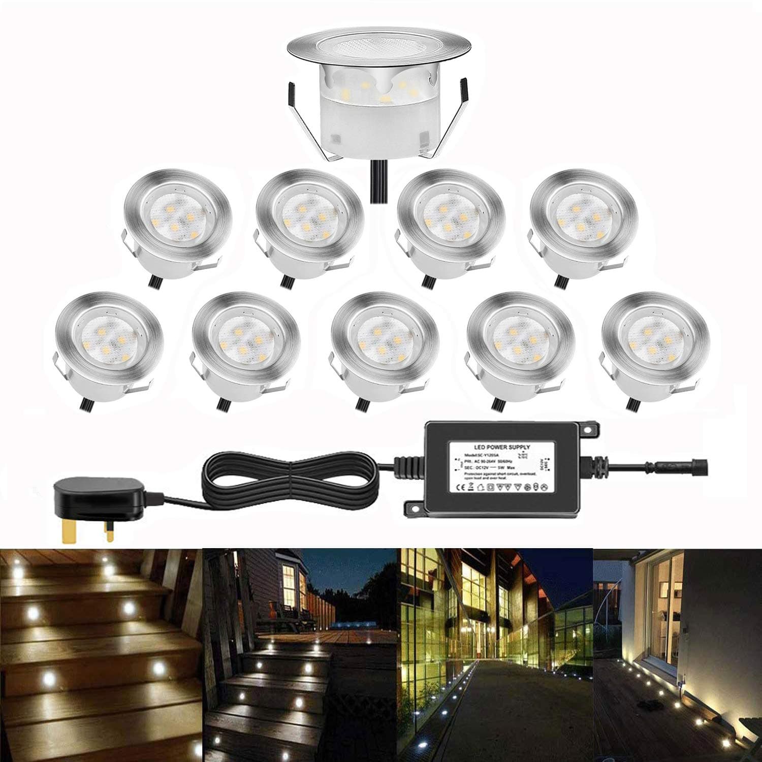 QACA 45mm Led Decking Lights Cool White Waterproof IP67 Kitchen Plinth Lights, Outdoor Patio Pathway Recessed Underground Stairs Path Garden Low Voltage 12V Lighting (Pack of 10) [Energy Class A] [Energy Class A]