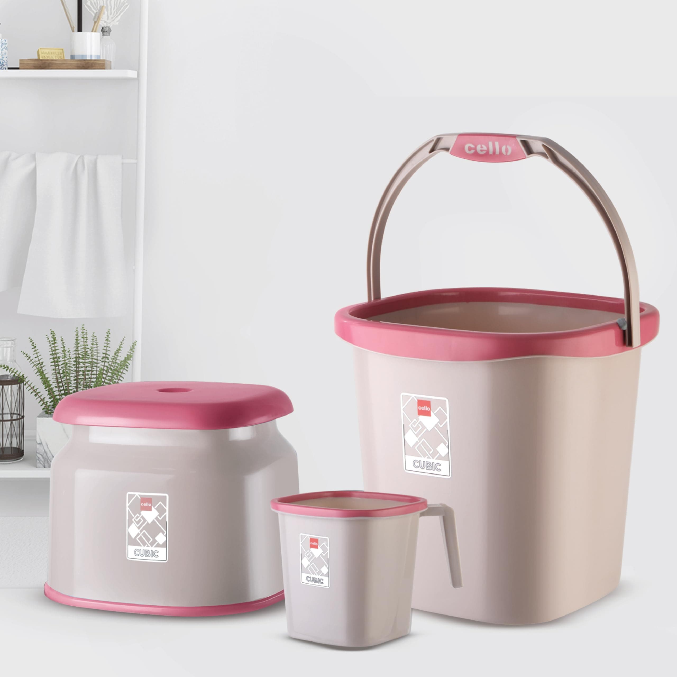 Cello Cubic Bathroom Set | Sturdy and Durable | Cubic Set (Bucket 18 L + Stool + Mug 1.5 L) | Lightweight and Rigid | Easy to Clean and Attractive Design | Set of 3 | Pink