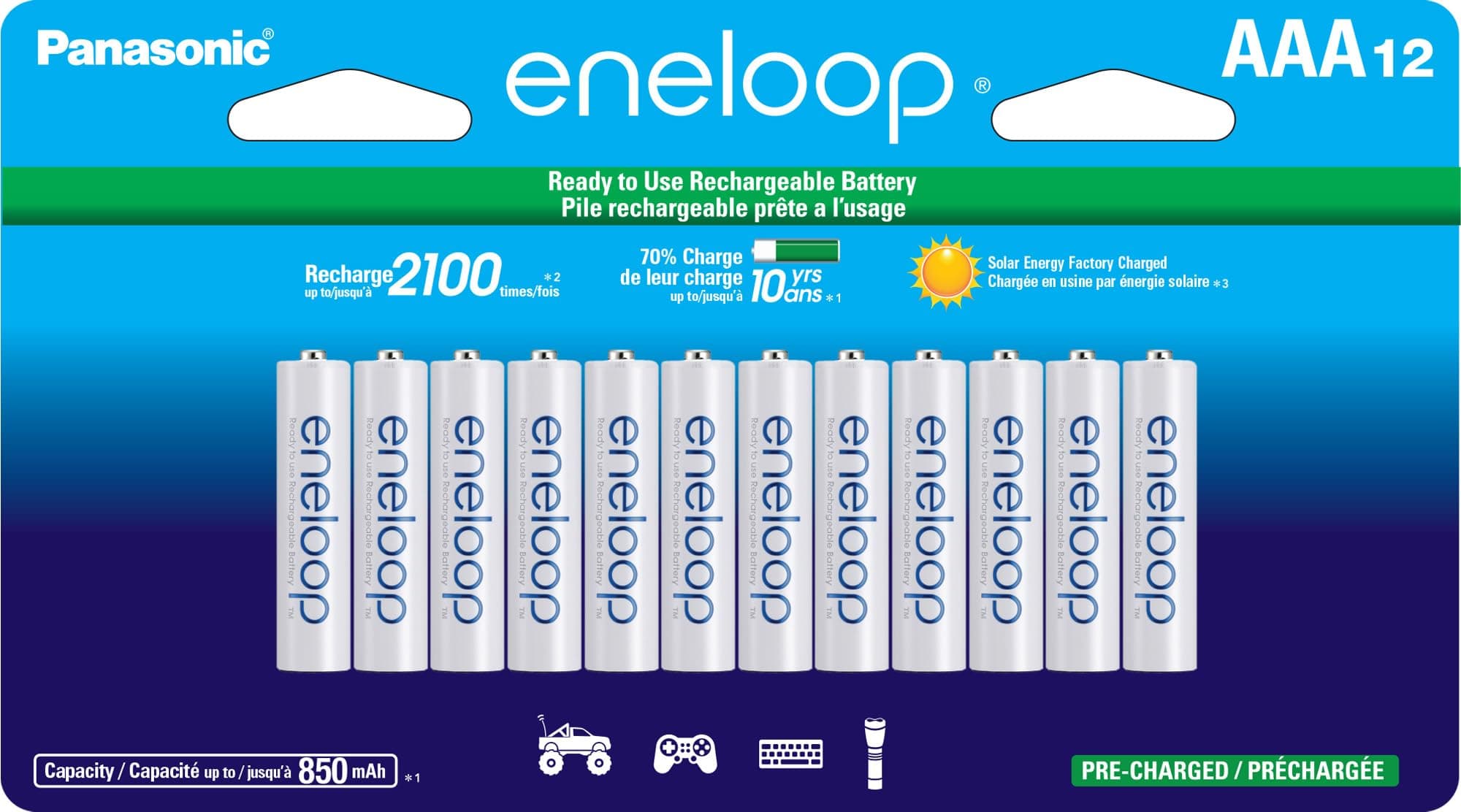 Panasonic Bk-4Mcca12Fa Eneloop Aaa 2100 Cycle Ni-Mh Pre-Charged Rechargeable Batteries 12 Pack