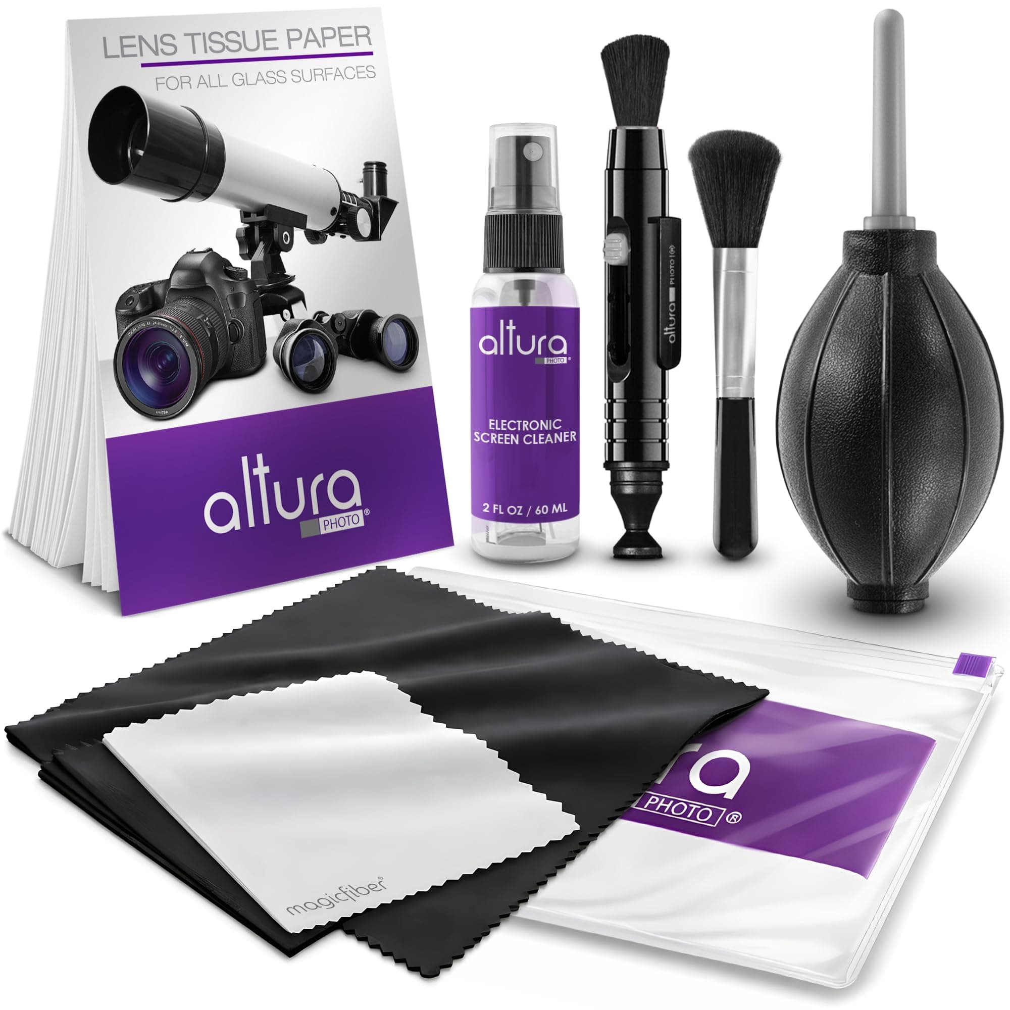- Altura Photo Camera Cleaning Kit - Lens Cleaner Spray, Brush, Pen, Blower, Microfiber Cleaning Cloths, Tissue Wipes for Canon Nikon Sony Fuji Olympus Pentax Sigma Tamron DSLR & Mirrorless Cameras
