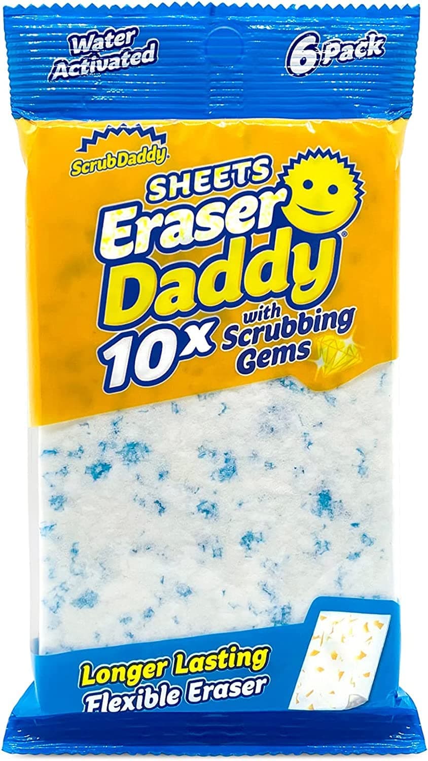 Eraser Daddy Sheets - 10x More Durable Than Traditional Erasers with Scrubbing Gems - Removes Dirt, Scuffs & Stains - Water Activated Sponge Eraser Sheets (6 Pack)
