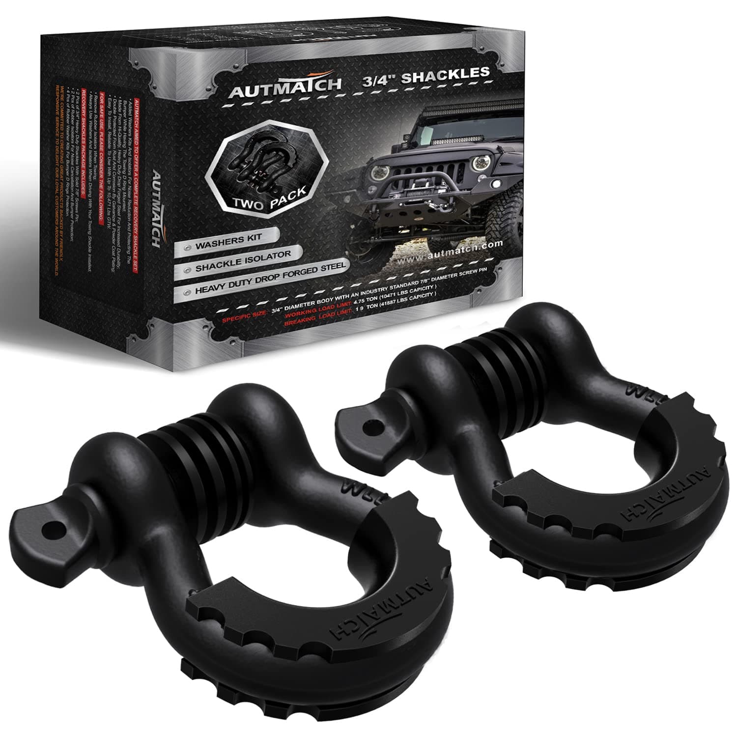 D Ring Shackle 3/4" Shackles (2 Pack) 41,887Ibs Break Strength - Clevis Shackle with 7/8" Screw Pin and Shackle Isolator Washers Kit for Tow Strap Winch Off Road Vehicle Recovery, Matte Black