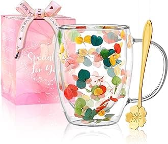 Gifts for Women Dried Flowers Double Wall Glass Coffee Mugs Cute Glass Tea Cups with Handles Christmas Birthday Gifts for Best Friend Teacher Mum Gift New Home Gift Ideas Autumn Mug Home Decor