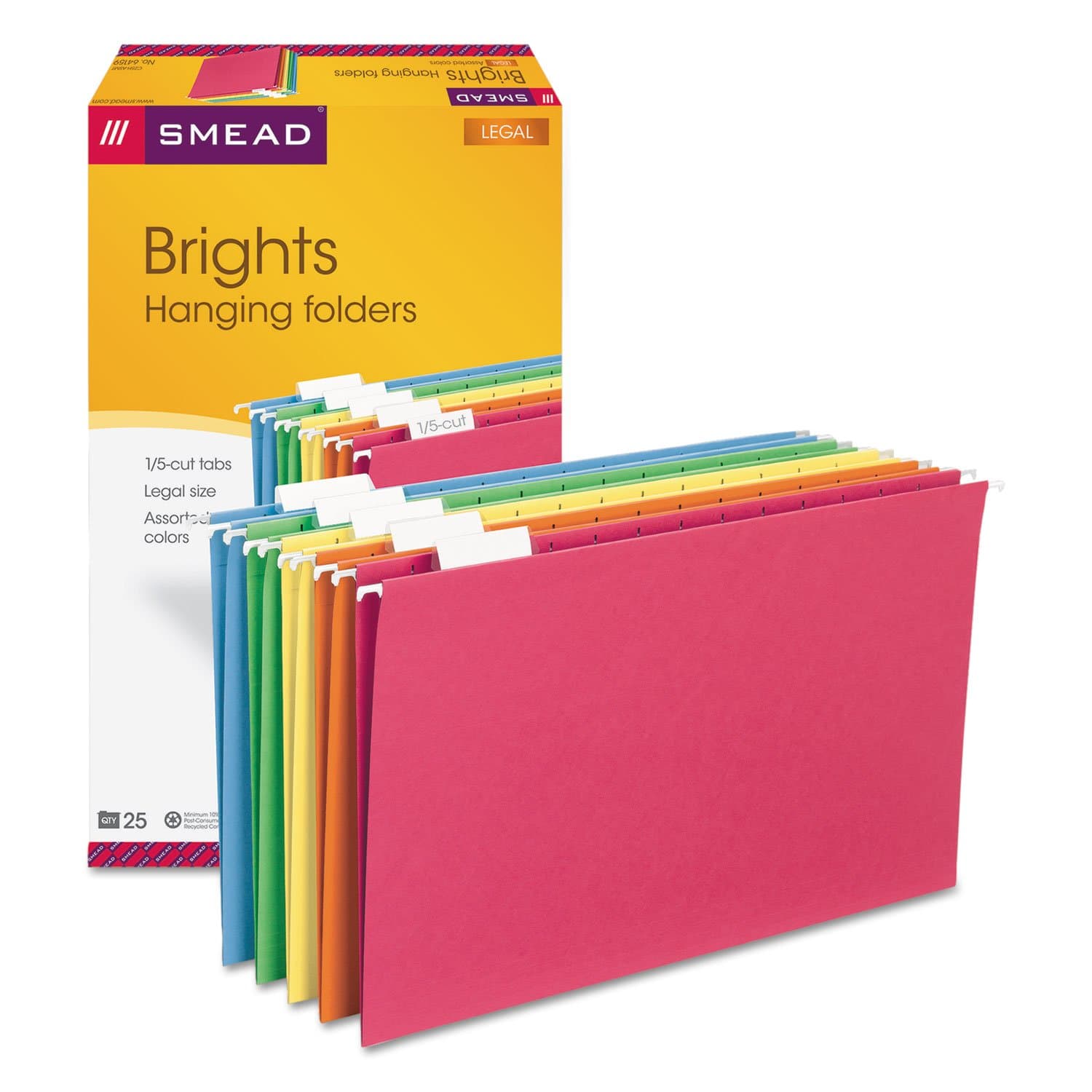Smead Hanging File Folder with Tab, 1/5-Cut Adjustable, Legal Size, Assorted Primary Colors, 25 per Box (64159) (Pack of 1)