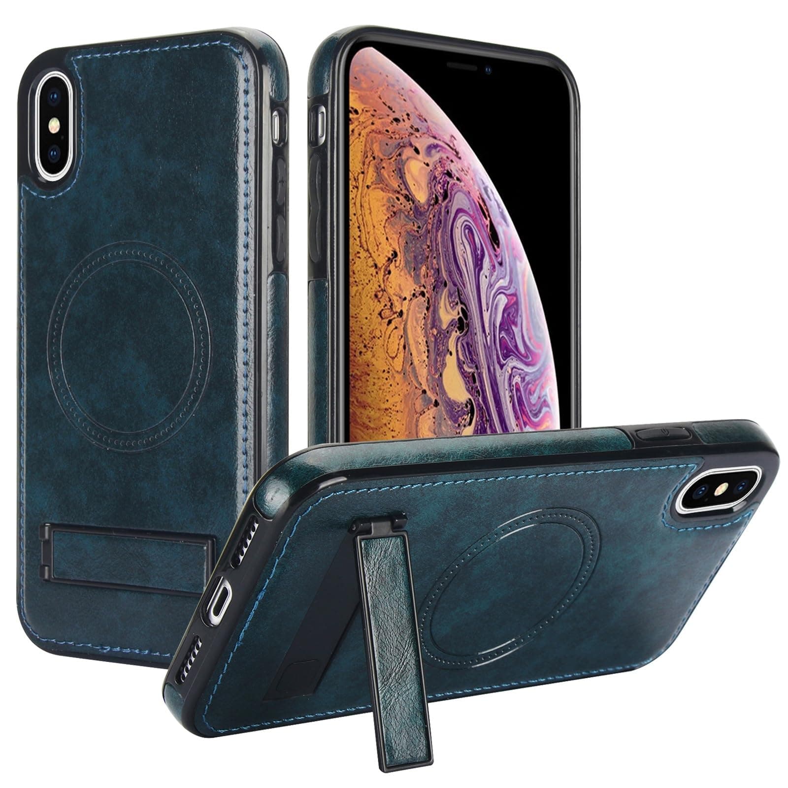 For iPhone XS MAX,PU Leather Wireless Charging Magnetic Case Cover,Hidden Kickstand Rugged Shockproof 360 Full Protective Phone(Blue)