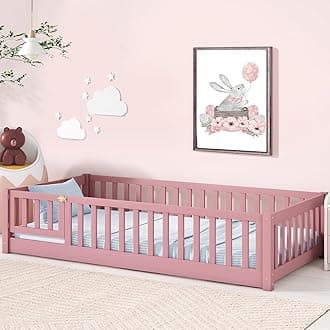 Tatub Twin Pink Montessori Bed with Safety Guardrails, Door, and Slats, Montessori Floor Bed for Kids, Wood Montessori Bed Frame for girls and Boys, Twin-Pink