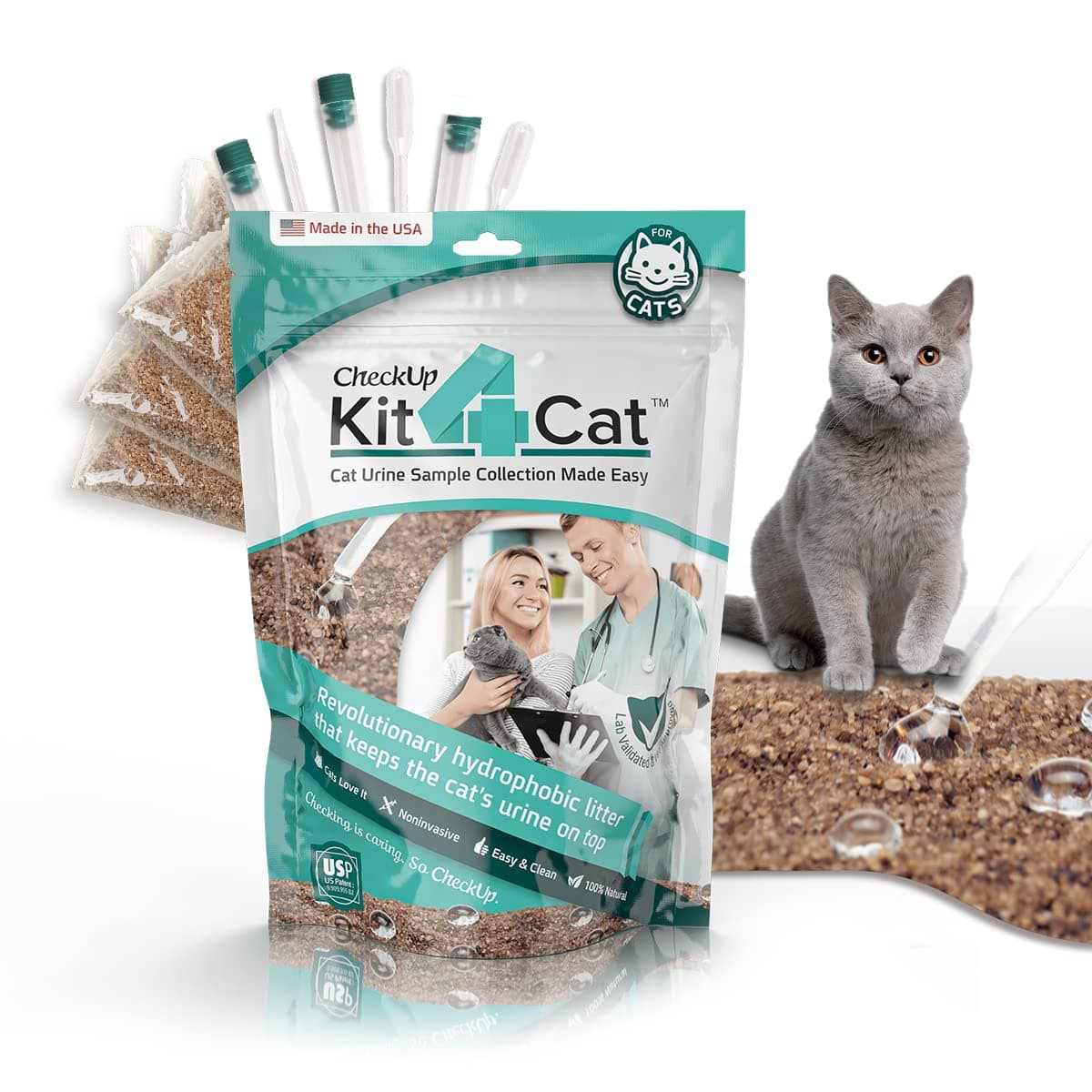 KIT4CAT 2lb Hydrophobic Cat Litter for Urine Sample Collection, Uniquely Made with Natural Sand - Keeps Liquid Clean and On Top | CheckUp on Your Cat's Wellness at Home (3 x 11oz Bags)
