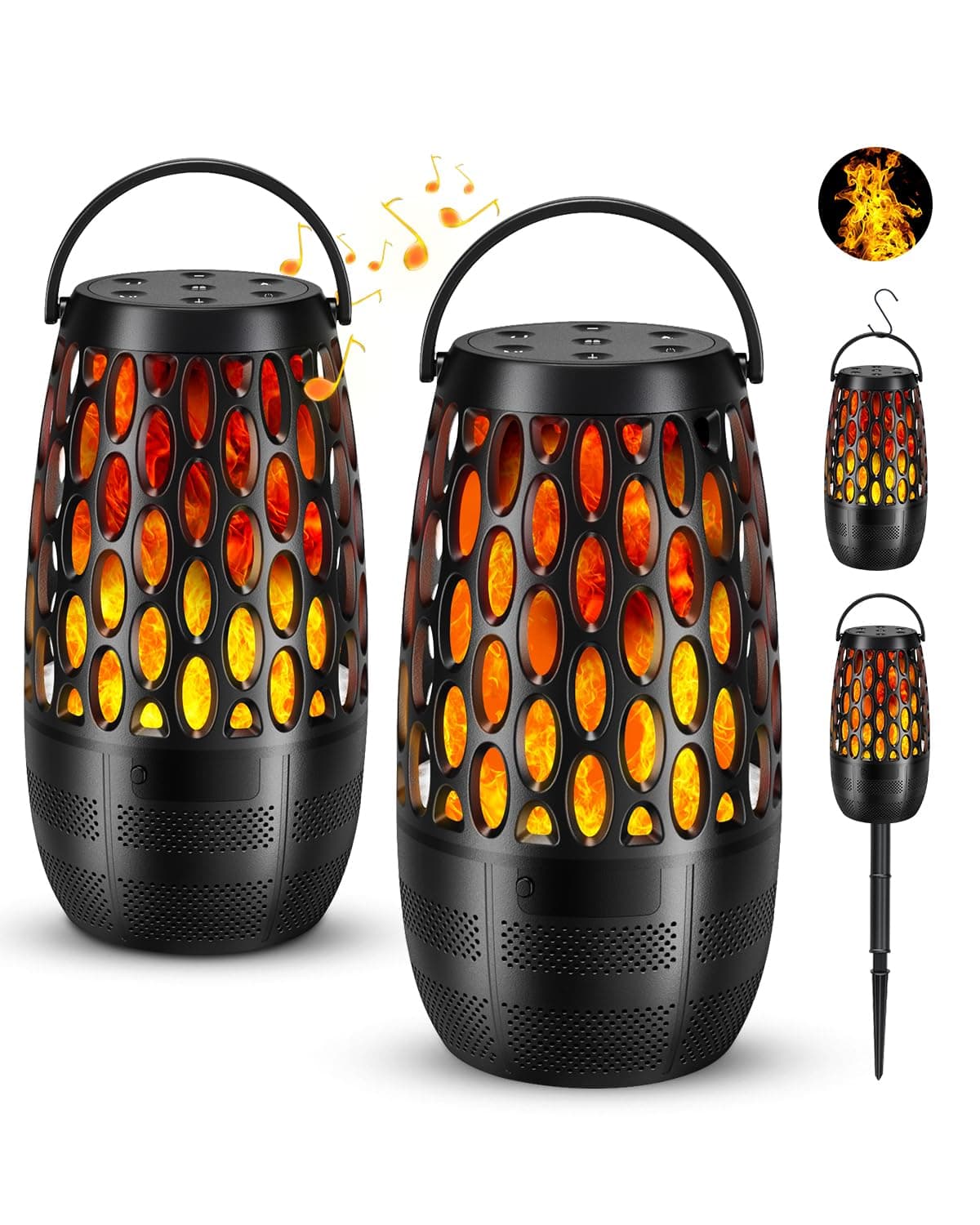 2 Pack Outdoor Bluetooth Speakers,Waterproof Speakers with Stake & Hook,Sync Up to 100 Speakers,Torch Lantern for Patio Pool Party,Gifts for Men