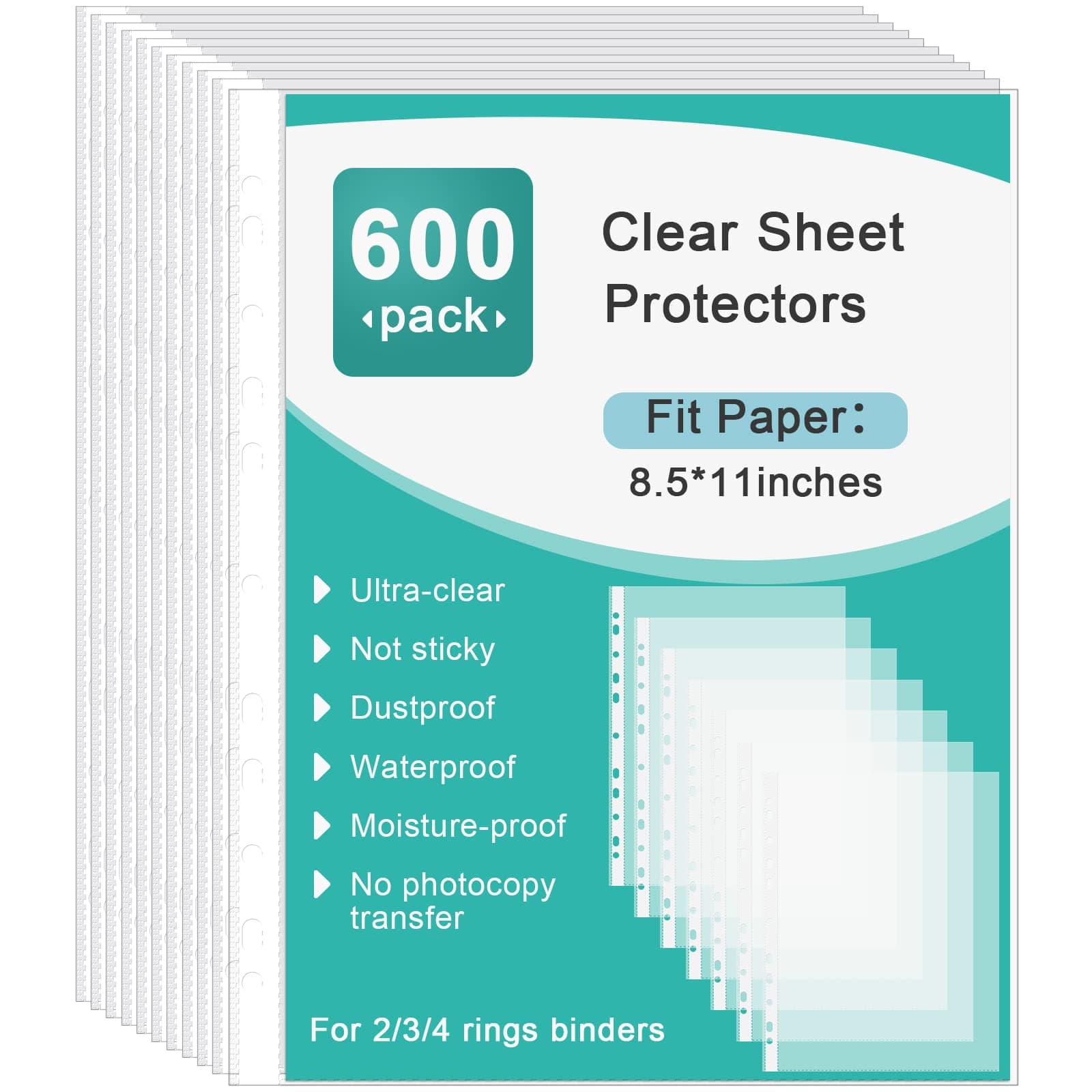 Epakh600 Pack Clear Sheet Protectors for 3 Ring Binder Page Protectors, Plastic Sheet Protectors Fits Standard 8.5 x 11 Paper, Reinforced 11 Hole Design