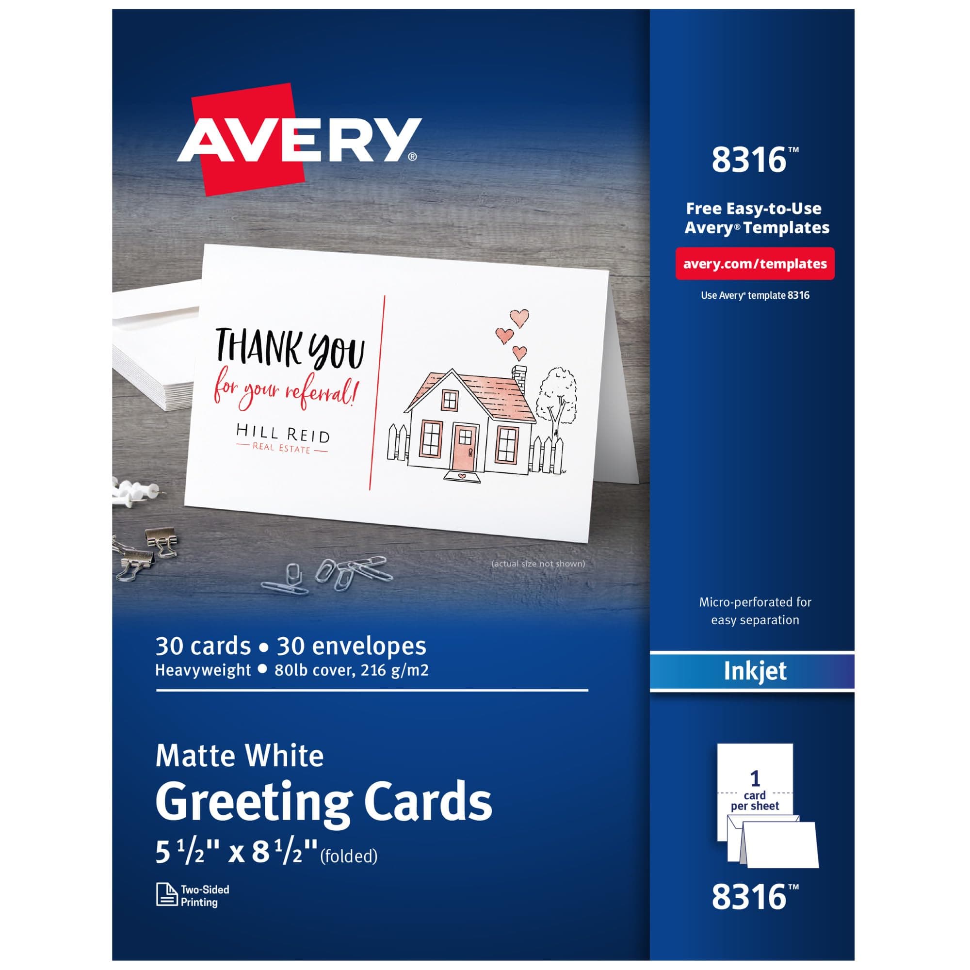 Printable Half-Fold Greeting Cards, Envelopes Included, 5.5" x 8.5", Matte White, Inkjet Printer Compatible, 30 Blank Cards Total, Great for Product Branding, Marketing, and More (8316)