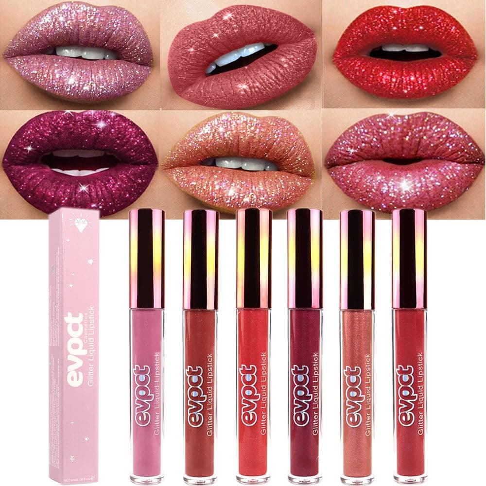 6Pcs Diamond Lip Gloss Matte to Glitter Liquid Lipstick Waterproof, Metallic Metal Shimmer Liquid Diamond Glitter Sparkle Sparkling Lipstick Lip Gloss Sets for Women Lips Kit, glitter+lipstick
