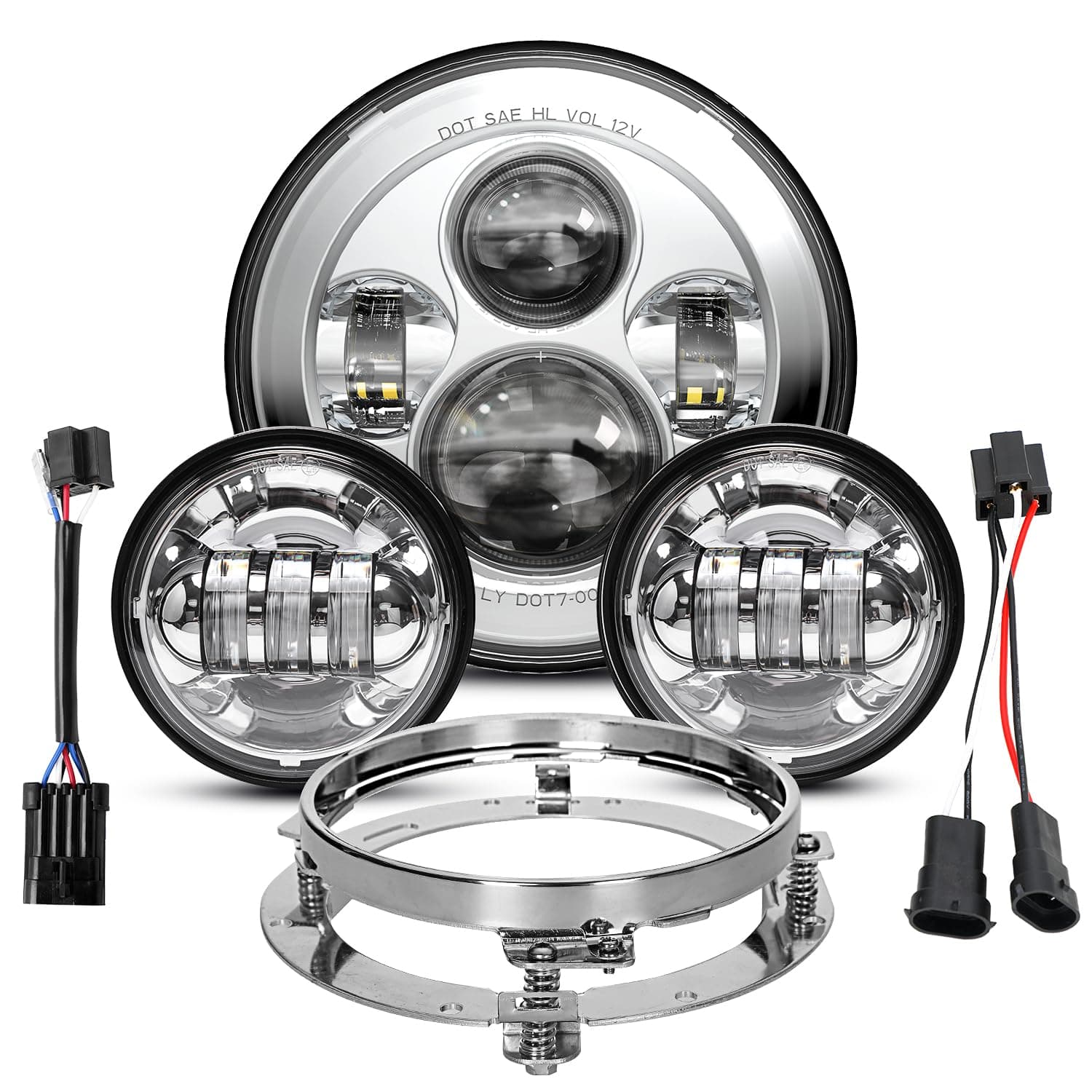 LX-LIGHT Chorme 7 Inch Motorcycle LED Headlight with 4.5 Inch LED Passing Fog Lamps and Mounting Bracket Compatible with Street Glide Road King Fat Boy Ultra Classic Electra Tri Cvo Heritage Softail
