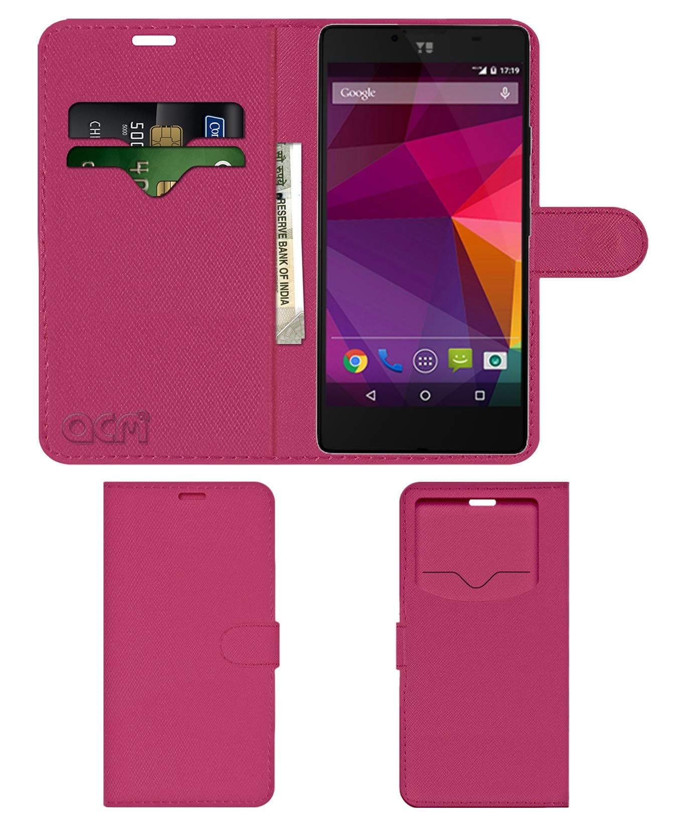 ACM Leather Window Flip Wallet Front & Back Case Compatible with Yu Yunique Yu4711 Mobile Cover Pink