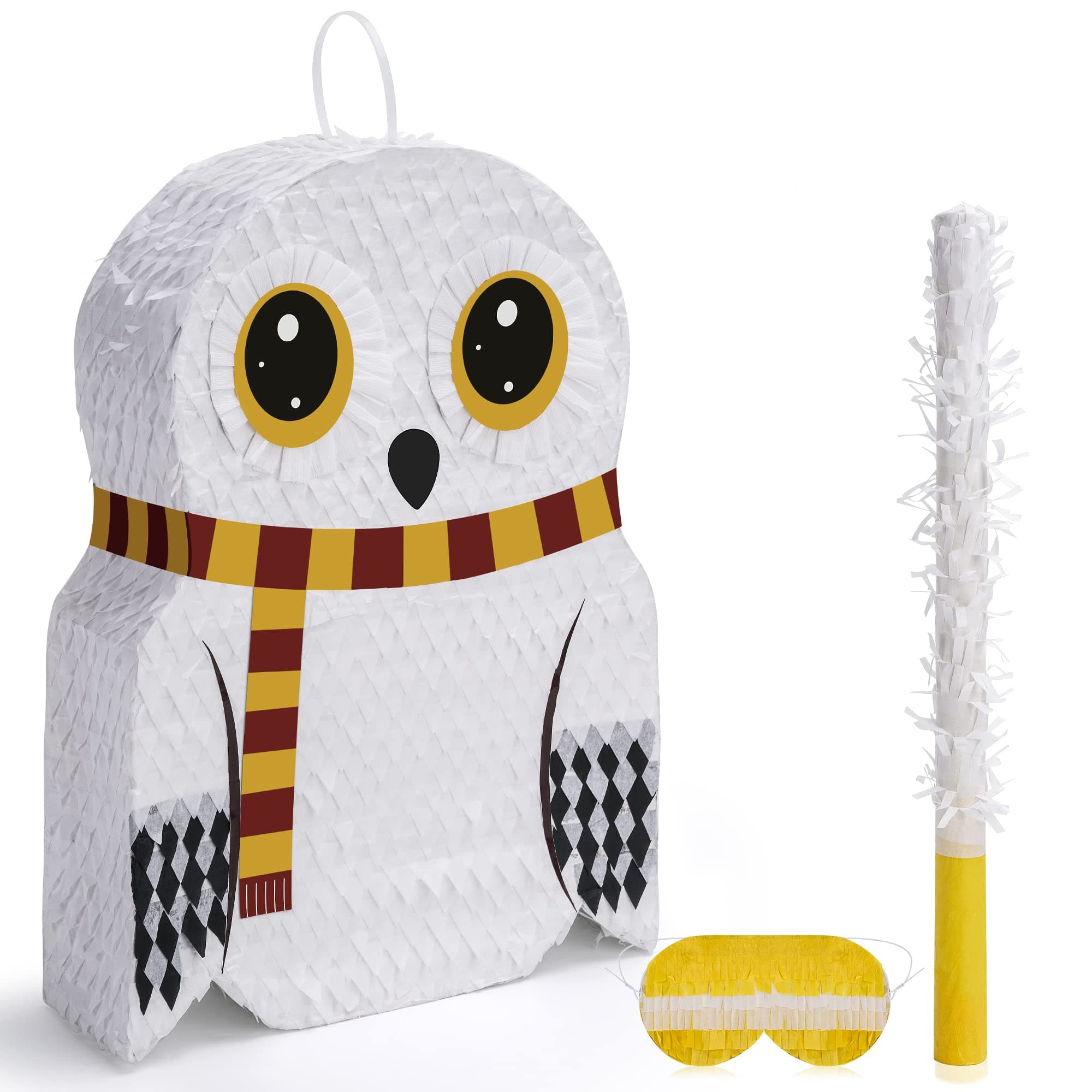 BIRCHIOSmall Owl Pinata Bundle with a Blindfold and Bat (16.5 x 12.5 x 4 Inches), Perfect for Birthday Parties, Forest Animal Theme, Wizard Theme Parties