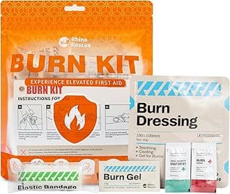 RHINO RESCUE Burn Kit, 4pcs Burn Dressings 4x4”, 8pcs Burn Gel Packets 3.5g, 4pcs Burn Pads, First Aid Kit Cooling Soothing Cream Relief with Bandage, Nitrile Gloves, Scissors, Tape