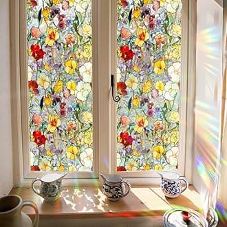 GORGECRAFT 100x43cm Colorful Flower Rainbow Window Privacy Film 3D Stained Window Glass Covering Decorative Window Cling Non-Adhesive Static Reusable UV Resistant Decals Sticker for Room Home