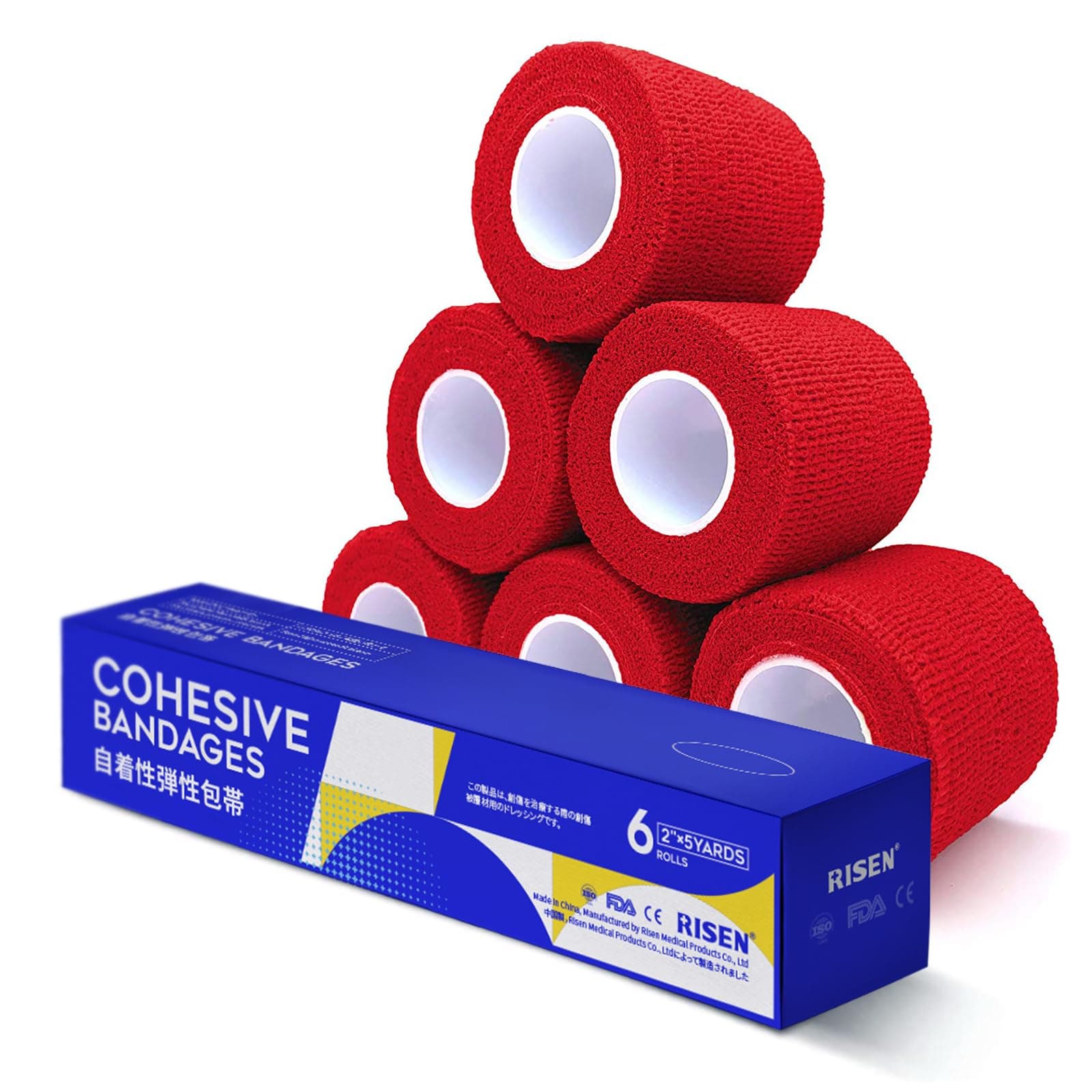 RISEN Cohesive Bandage 2” x 5 Yards, 6 Rolls, Self Adherent Wrap Medical Tape, Adhesive Flexible Breathable First Aid Gauze Ideal for Stretch Athletic