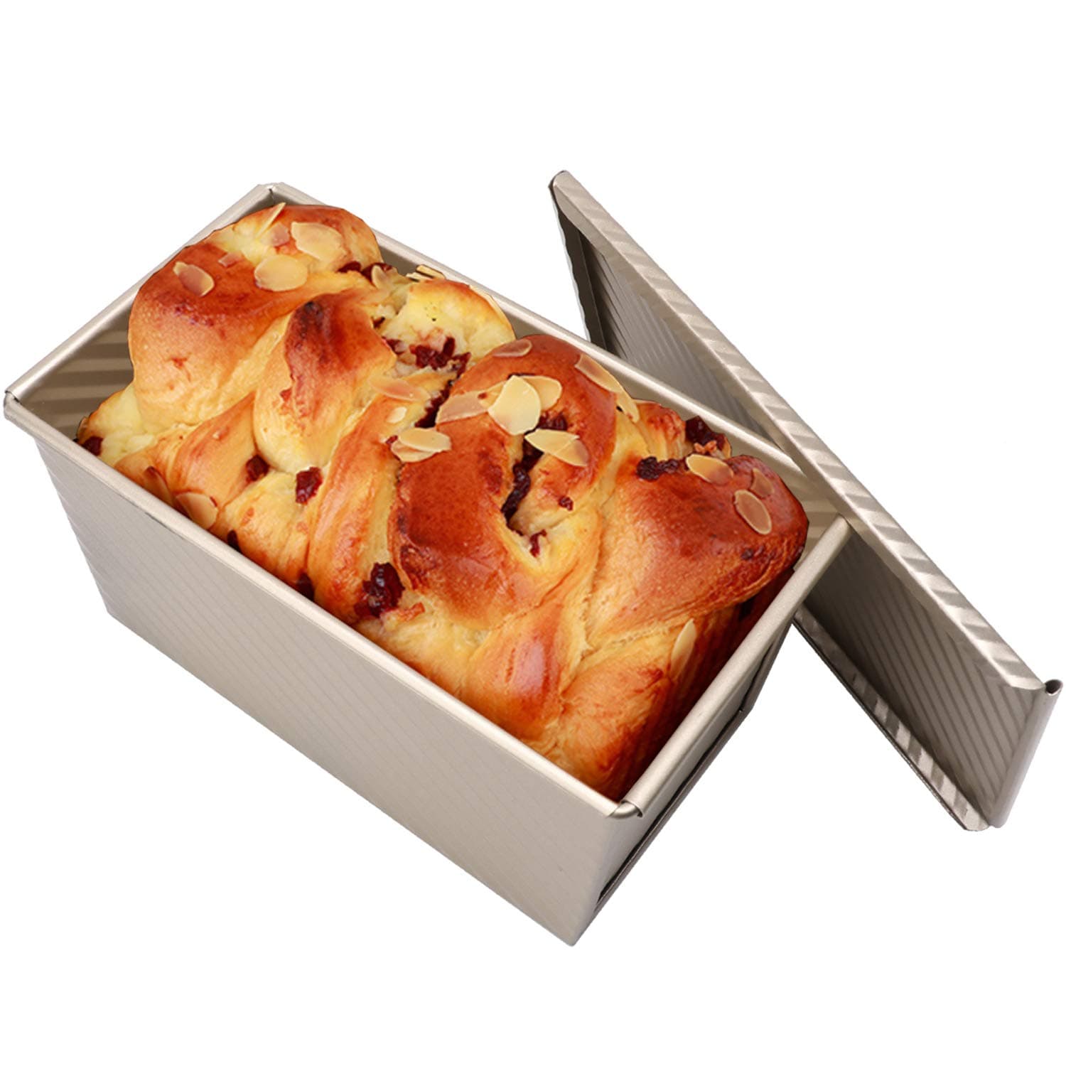 Rectangular Cake Pan Bread Toast Mold, BOSICAN Carbon Steel Bakeware Pullman Loaf Pan Non Stick with Cover Stripes Lasagna Casserole Baking Pan, Rust Free & Non Toxic, Easy Release Clean (Gold)