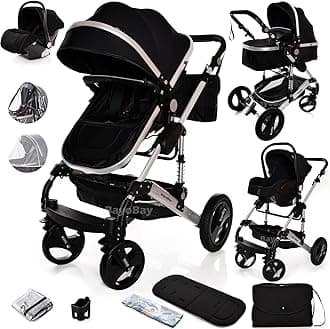Baby Buggy Pram Pushchair Stroller 3 in 1 Child Lightweight Folding Stroller 3 in 1 Travel System Pram for Newborns & Toddlers from Birth Aluminum (Black - Silver Frame)