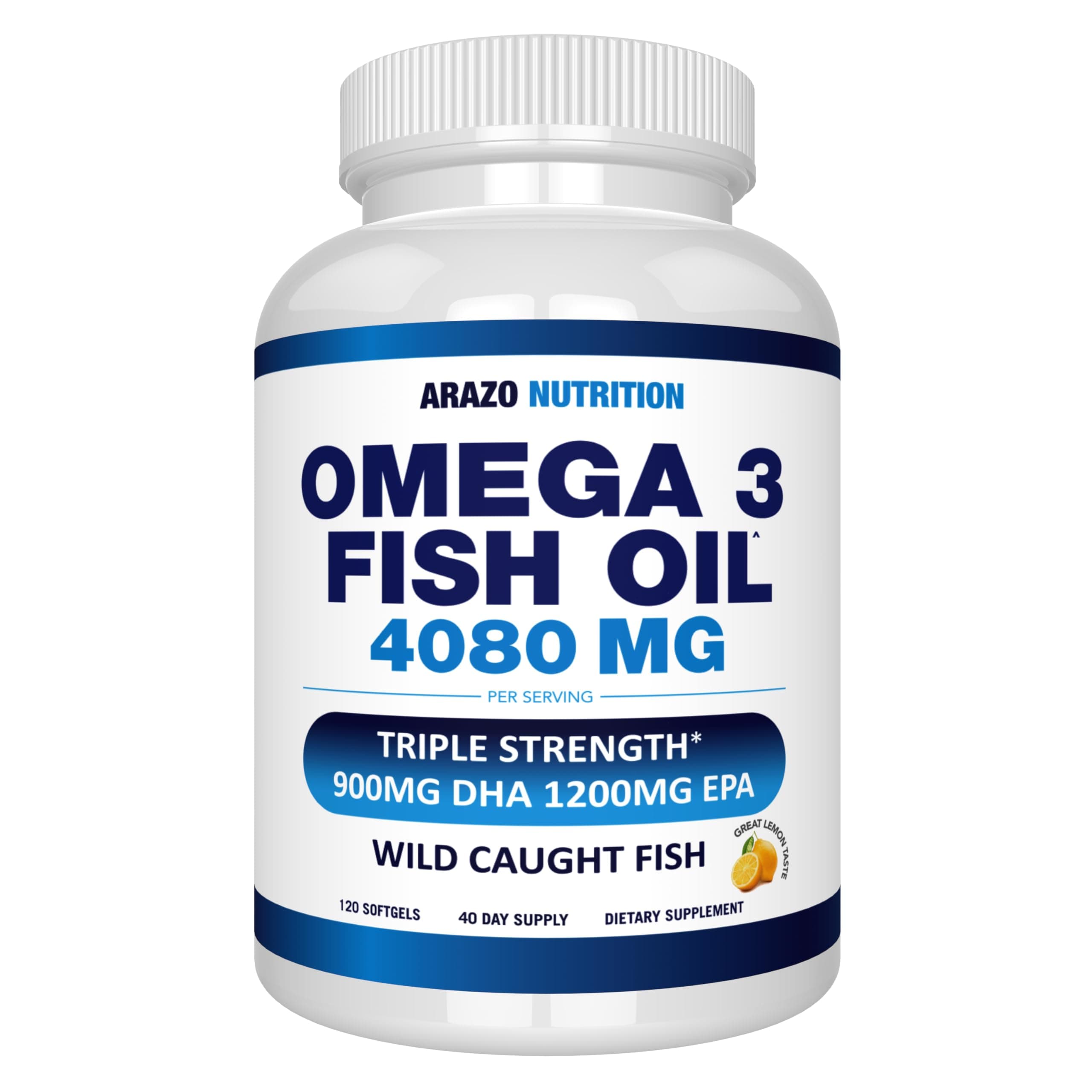 Arazo Nutrition Wild Caught Omega-3 Fish Oil Concentrate – 4,080mg per Serving – High EPA 1200mg & DHA 900mg – 120 Burpless Lemon Softgels