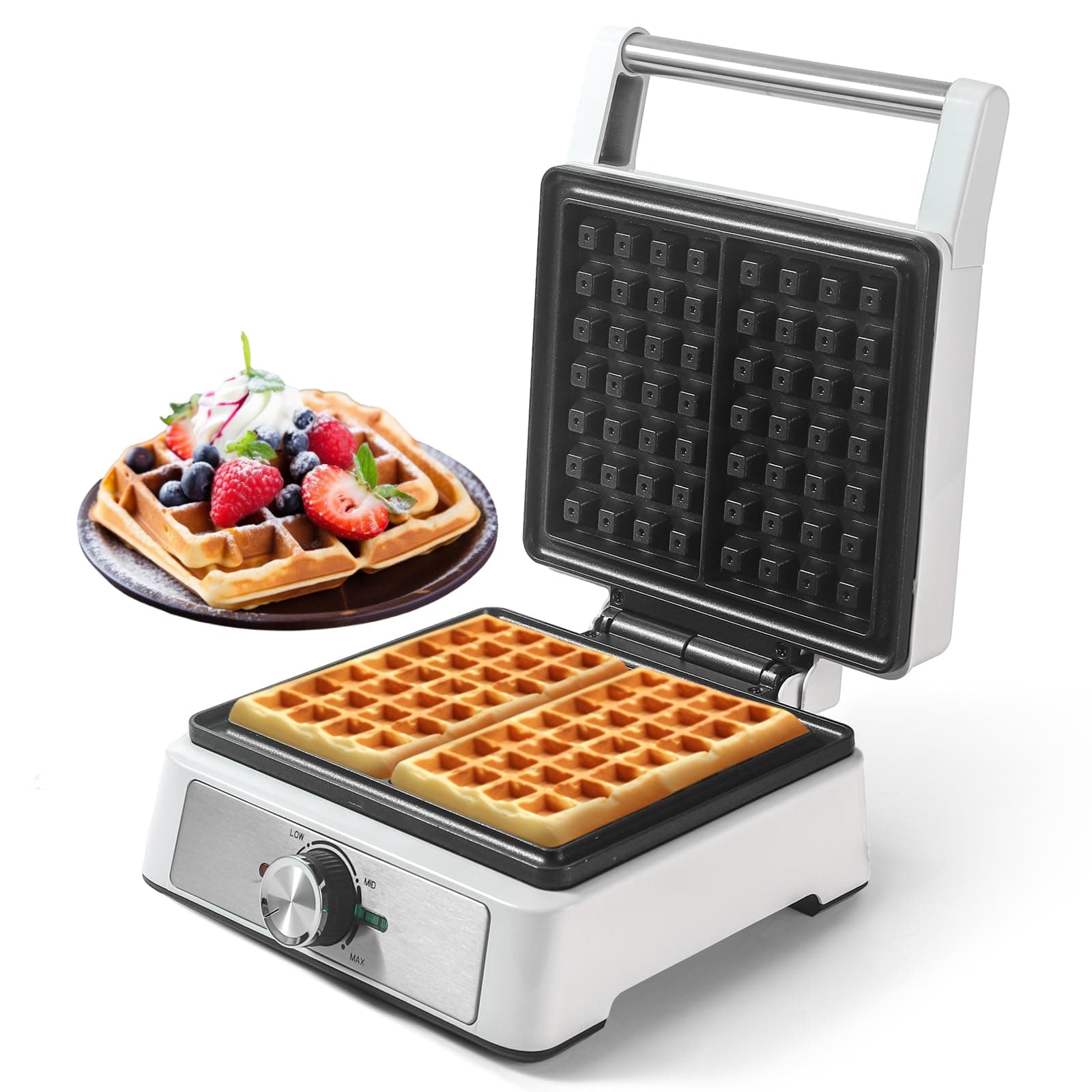 Waffles Maker 2 Slices, Large Square Belgian Waffle Maker, Anti-Overflow Waffle Iron Non-stick Plate, Thick Breakfast Waffle Machine Make Waffles in Minutes, Adjustable Temperature, 1200W