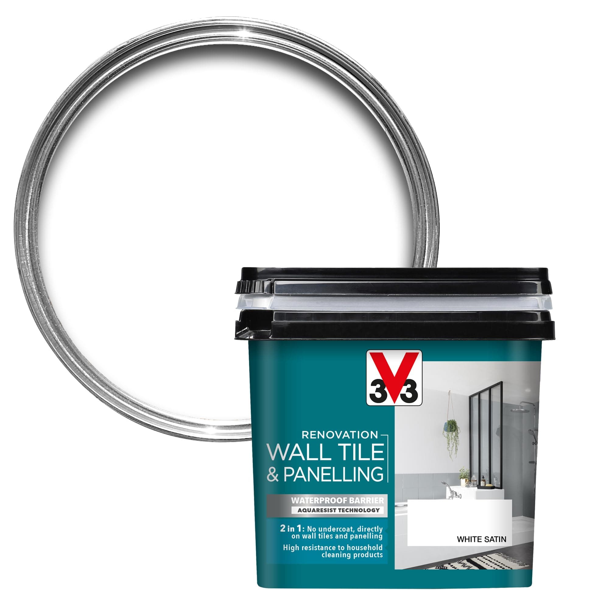 V33 Renovation Wall Tile & Panelling Paint - No Undercoat Needed - For High Moisture Surfaces - Resistant To Temperature Variations - White Satin 750ml