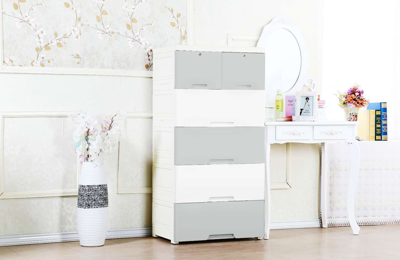 Mosquick 5 Layer Thickened Fibre Plastic Cupboard, Storage Drawers,Closet, Wardrobe Organiser, Chest Of Drawers With Lock And Key Top 2 Drawers For Kids Boys, Girls, Nursery,(White And Grey) - Matte