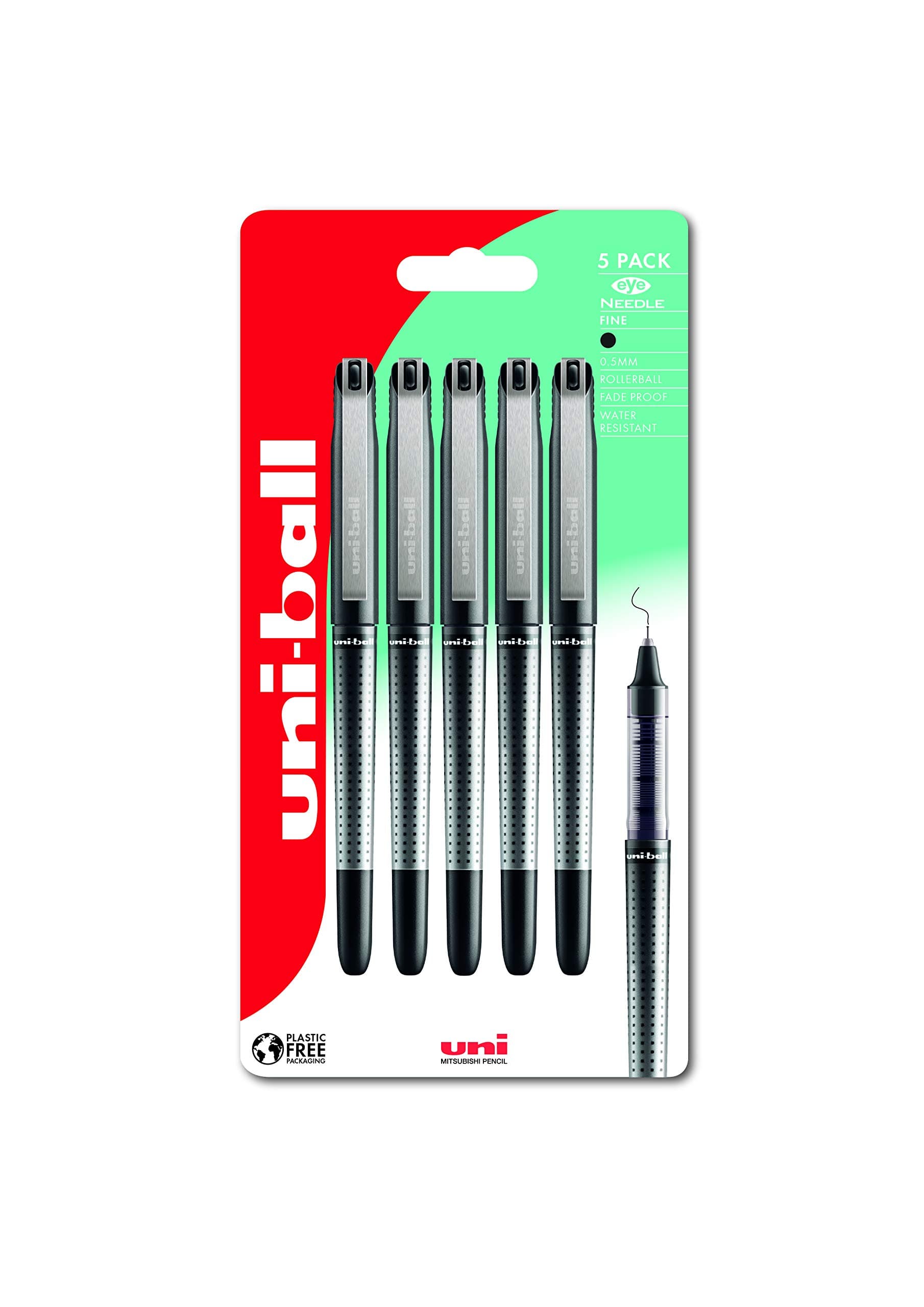 Eye UB-185S Needle Black Rollerball Pens. Micro 0.5mm Ballpoint Tip for Super Smooth Writing, Drawing, Art, Crafts and Colouring. Fade and Water Resistant Liquid Uni Super Ink. 5 Pack