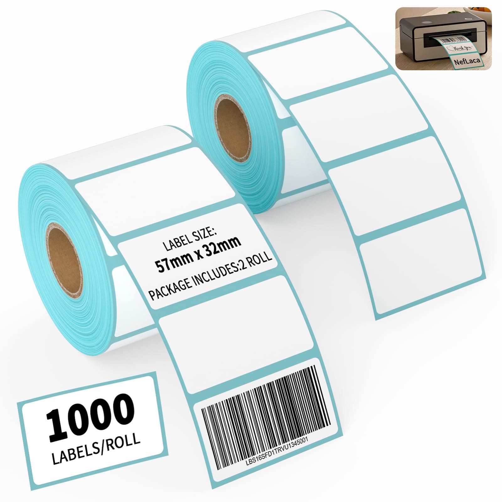 2 Roll 2000 Self Adhesive Label Sticker 57mm x 32mm Address Labels Blank Roll Rectangle Label Write On Note Mark Catering Food Jars Sticky Stickers for Office Kitchen Printer