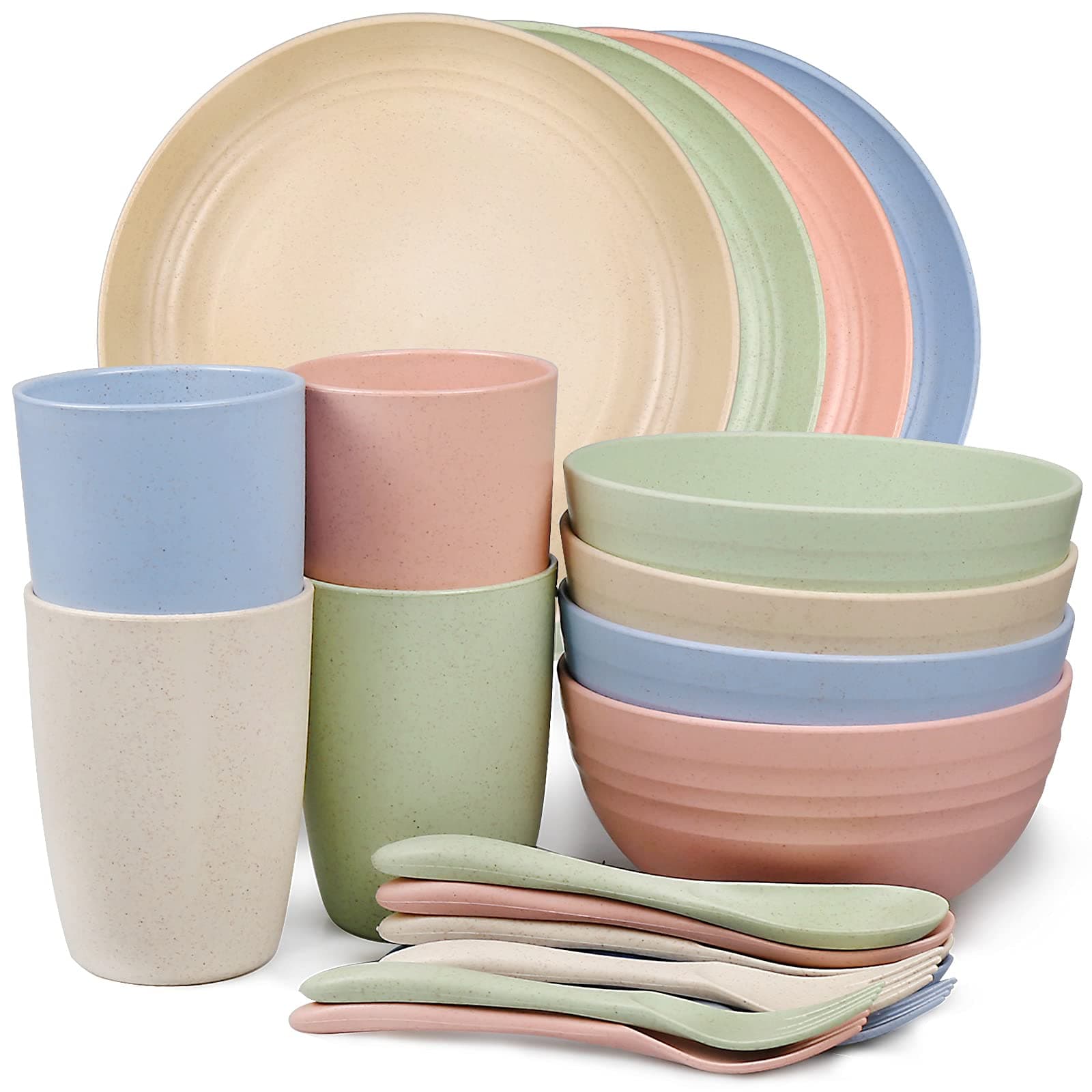 Shopwithgreen Wheat Straw Dinnerware Sets for 4, 20 PCS Unbreakable Plates and Bowls Sets, Reusable Dinner Dishes Set, Bowls, Cups, Plates for Camping, Kitchen, RV, Dorm, Dishwasher Microwave Safe