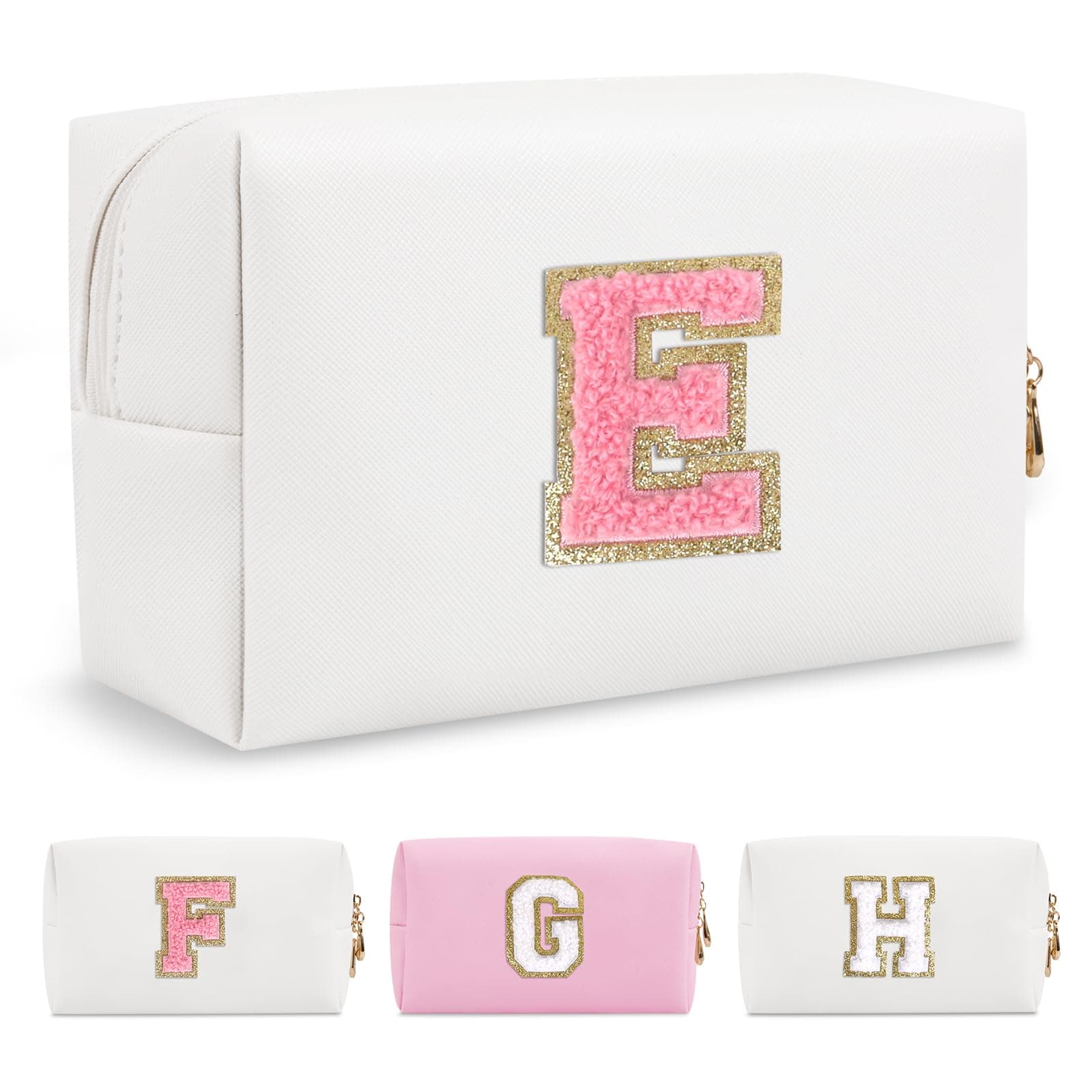 ChaoGreat Personalized Makeup Bag Initial A-Z Preppy Patch Bag,Waterproof PU Leather Travel Cosmetic Bag Pouch with Zipper,Cute Toiletry Organizer Bag,Gift Ideal for Women Birthday Friend Mom, White,Pink-E
