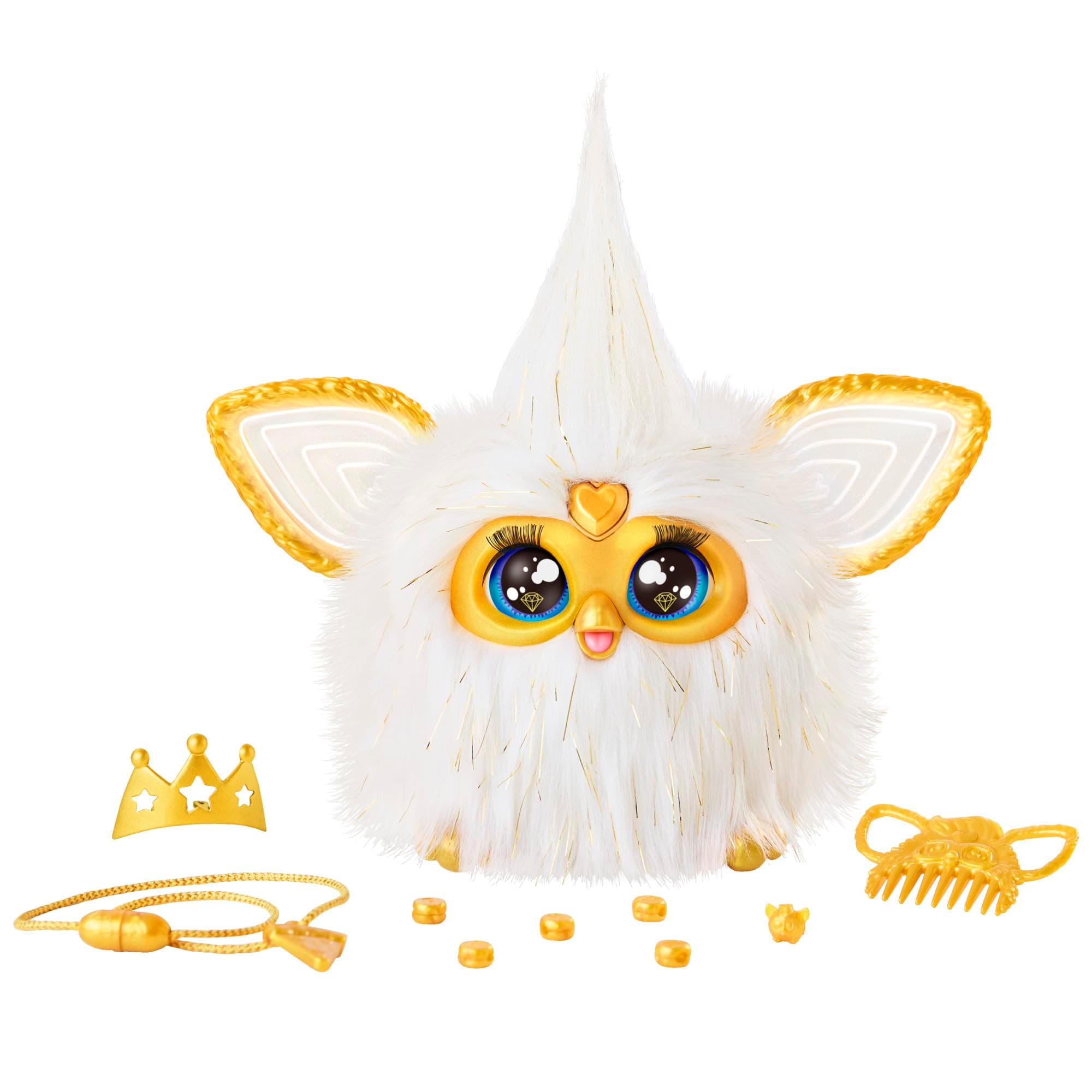 Furby Gold Glam Interactive Plush Toy with Crown, Beads, Comb & 600+ Responses, Premium Voice-Activated Talking Toy with Lights, Music & Dance, Collectible Plush Pet Gift for Girls & Boys Ages 6+