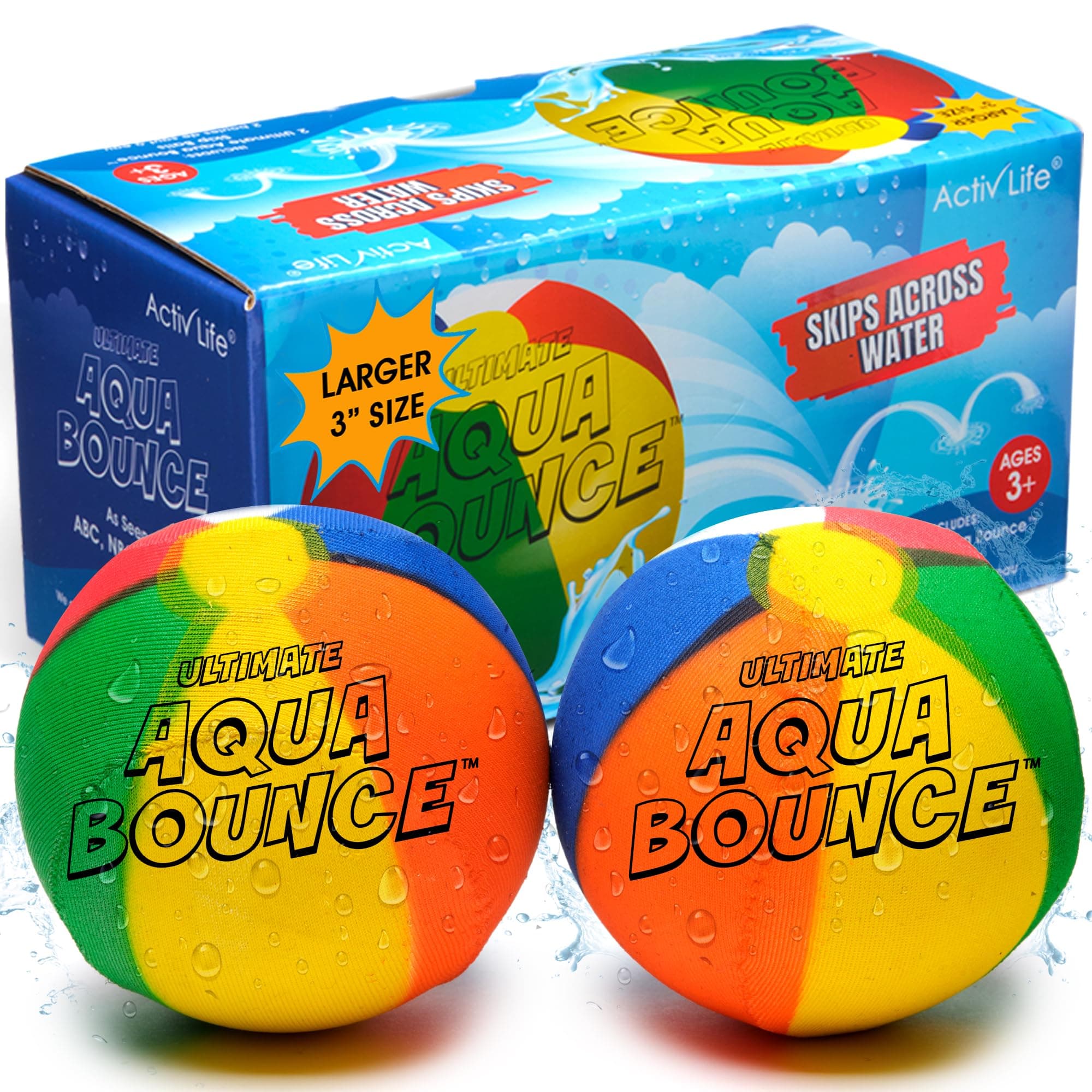 Activ Life Ultimate 2 Pack Larger 3” Water Skip Balls - Bouncing Balls for Swimming Pool & Beach Fun - Designs Include Baseball, Basketball, Volleyball, and Tennis for Kids, Friends, and Family