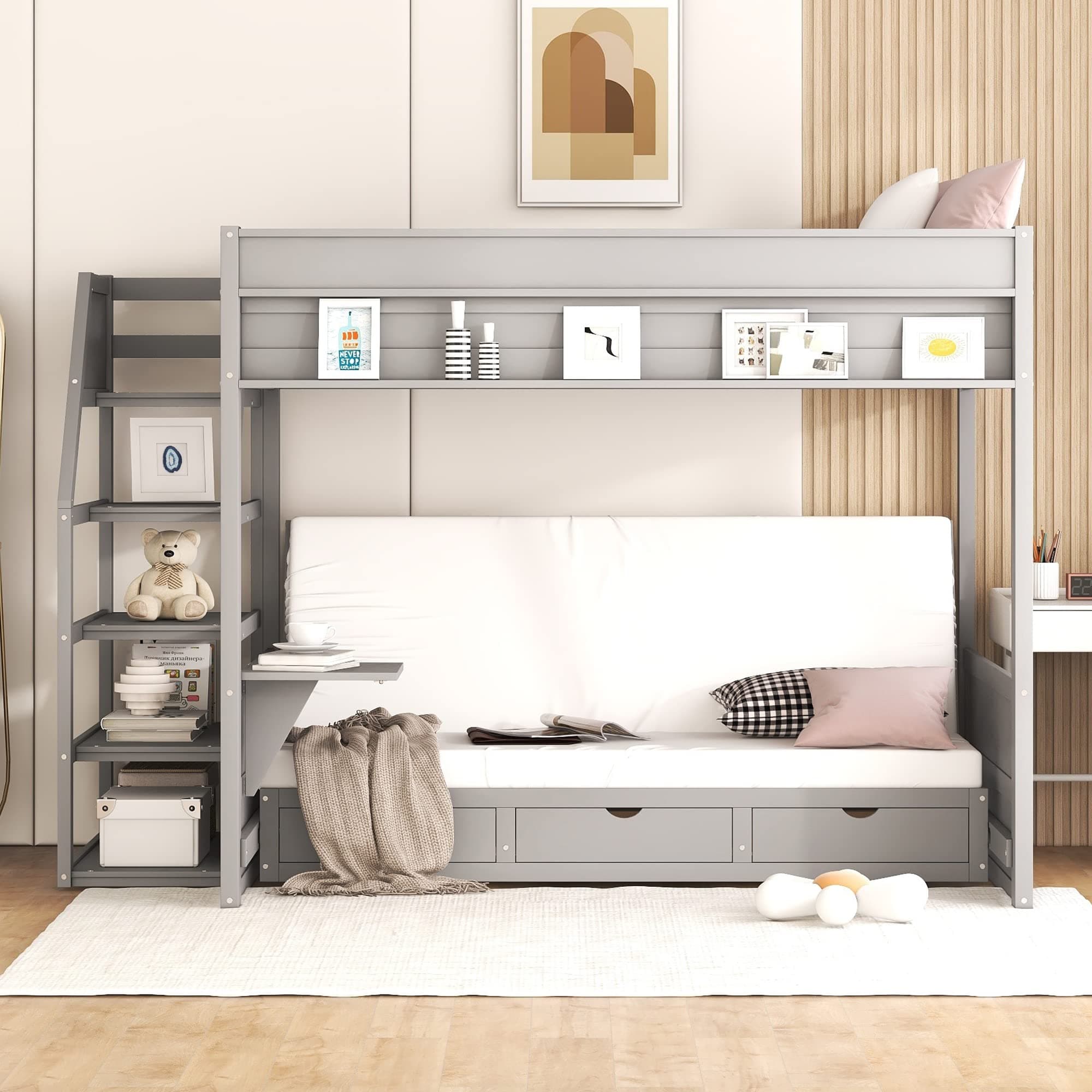 Multi-functional Full-Over-Full Bunk Bed with Storage Staircase and 3 Drawers, Solid Wood Bunk Bed Frame with Bedside Table for Kids Children Bedroom, Down Bed can be Convertible to Daybed (Gray-335)