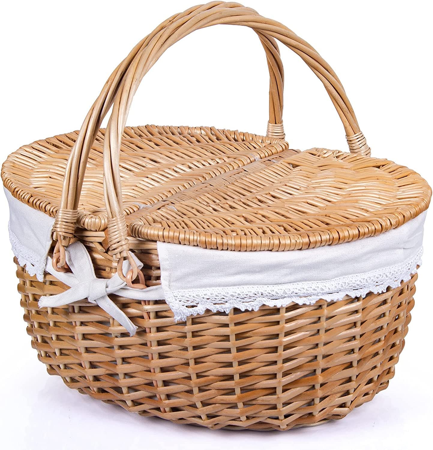 BOBBYQWicker Picnic Basket with Lid and Handle, Natural Study Willow Basket with Washable Liner, Vintage-Style Woven Easter Basket for Picnic, Camping, Outdoor,White