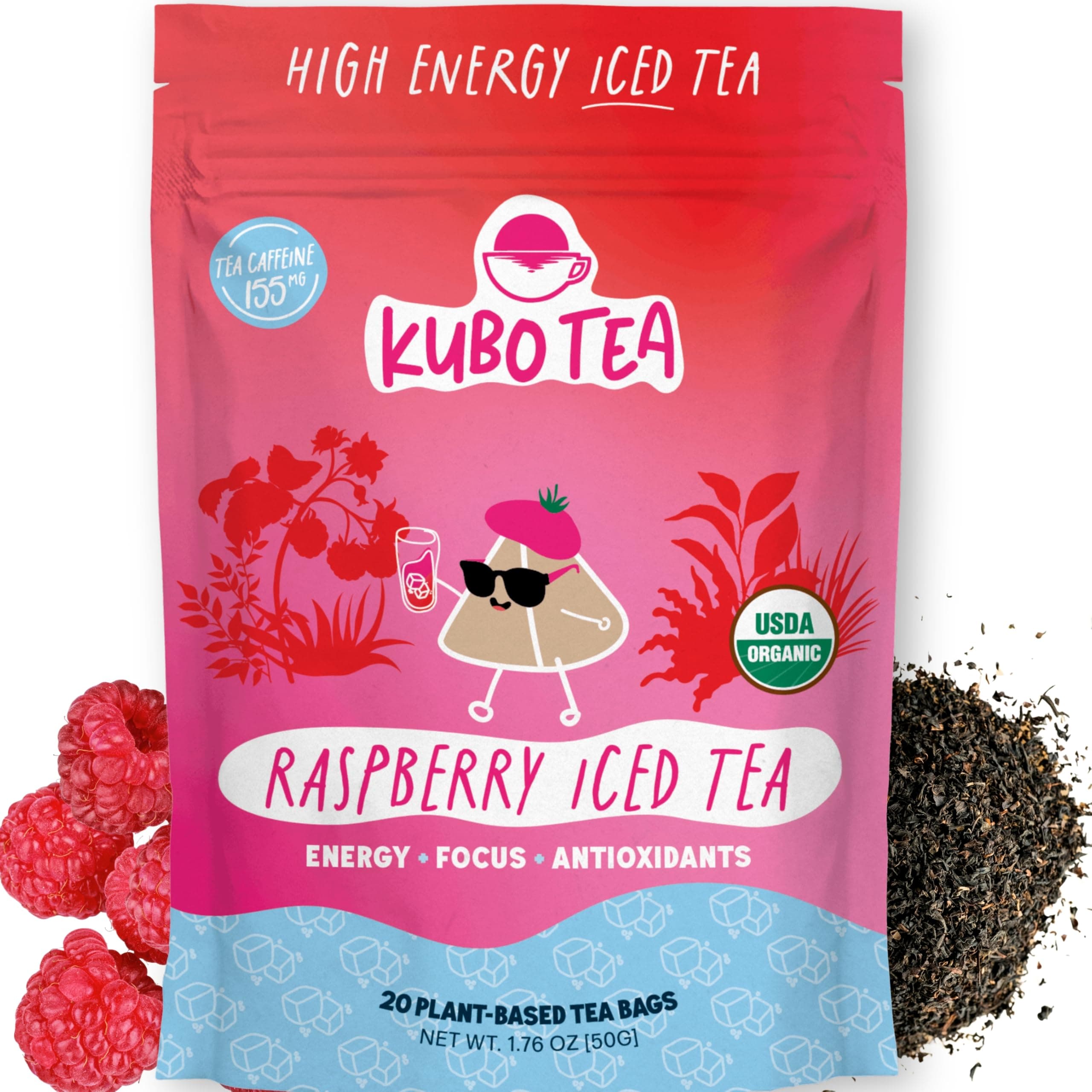 High Caffeine Iced Tea (155 mg) – Kubo Tea Organic Raspberry Black Tea Bags for Clean Energy & Focus | High Energy Iced Blend | Caffeinated Tea | Healthy Coffee Substitute | 20 Ct