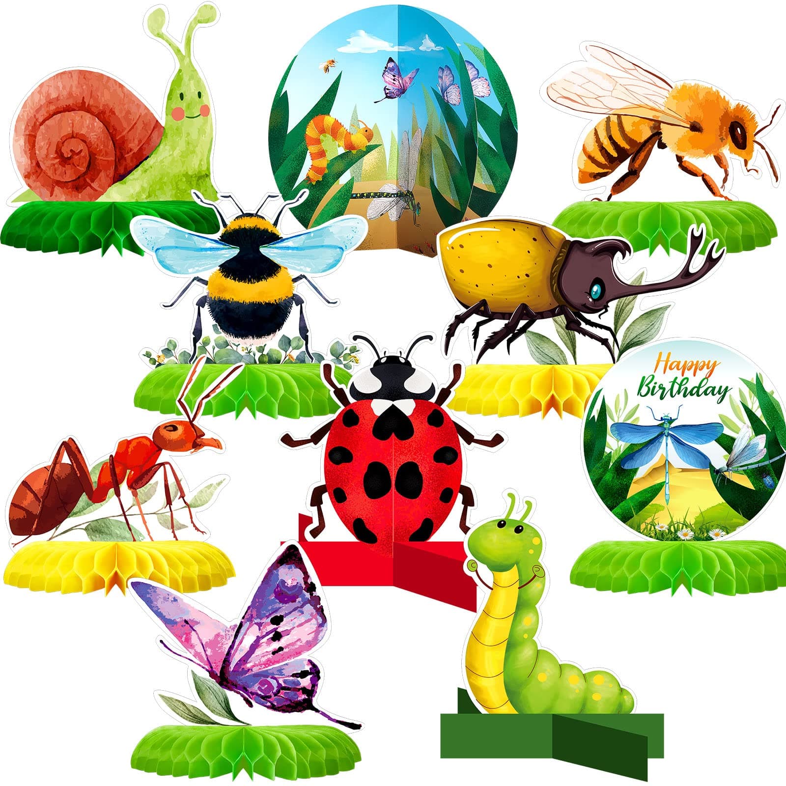 10 Pieces Bugs Party Decorations Kit Including 7 Bug Print Table Honeycomb Centerpieces and 3 Bug Cutouts Table Centerpieces Ladybug Decoration for Boys Girls Bug Themed Birthday Party Supplies
