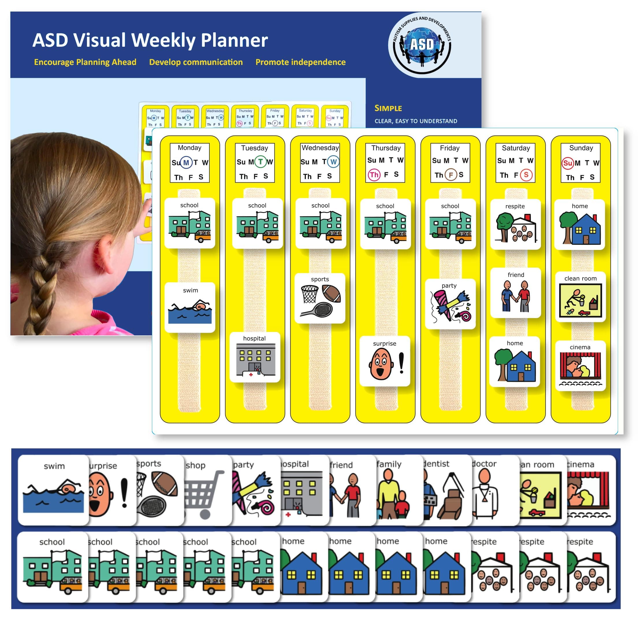 Weekly Autism Calendar/Wall Chart Planner | Large A3 Visual Schedule Board | Picture Communication Chart showing Daily Schedule | 24 Autism Picture Cards | Compatible with Boardmaker Software