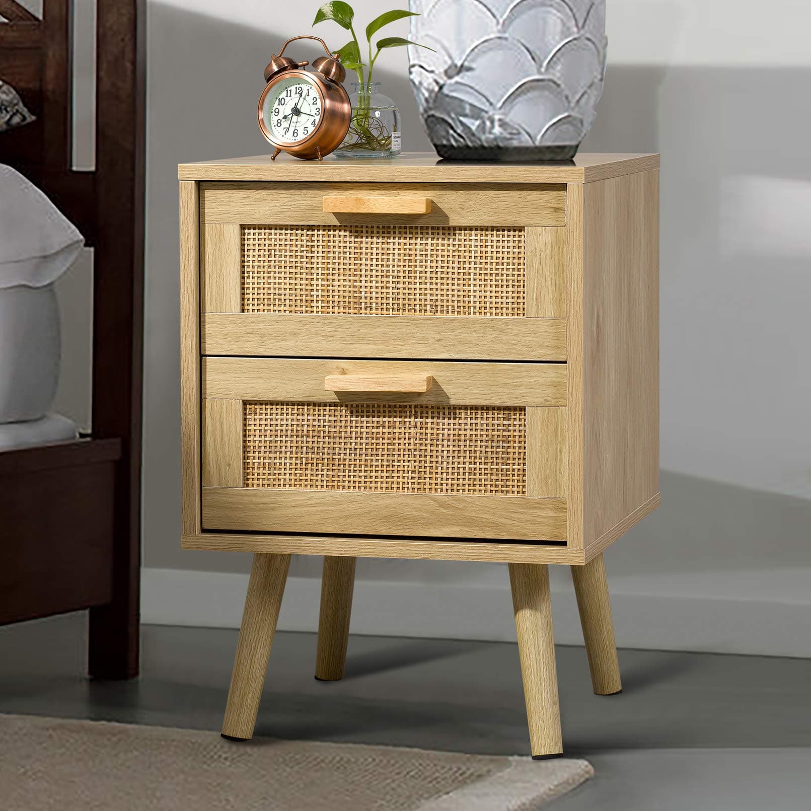 Finnhomy Nightstand, End Table, Side Table with 2 Hand Made Rattan Decorated Drawers, Wood Accent Table with Storage for Bedroom, Natural (Patented)