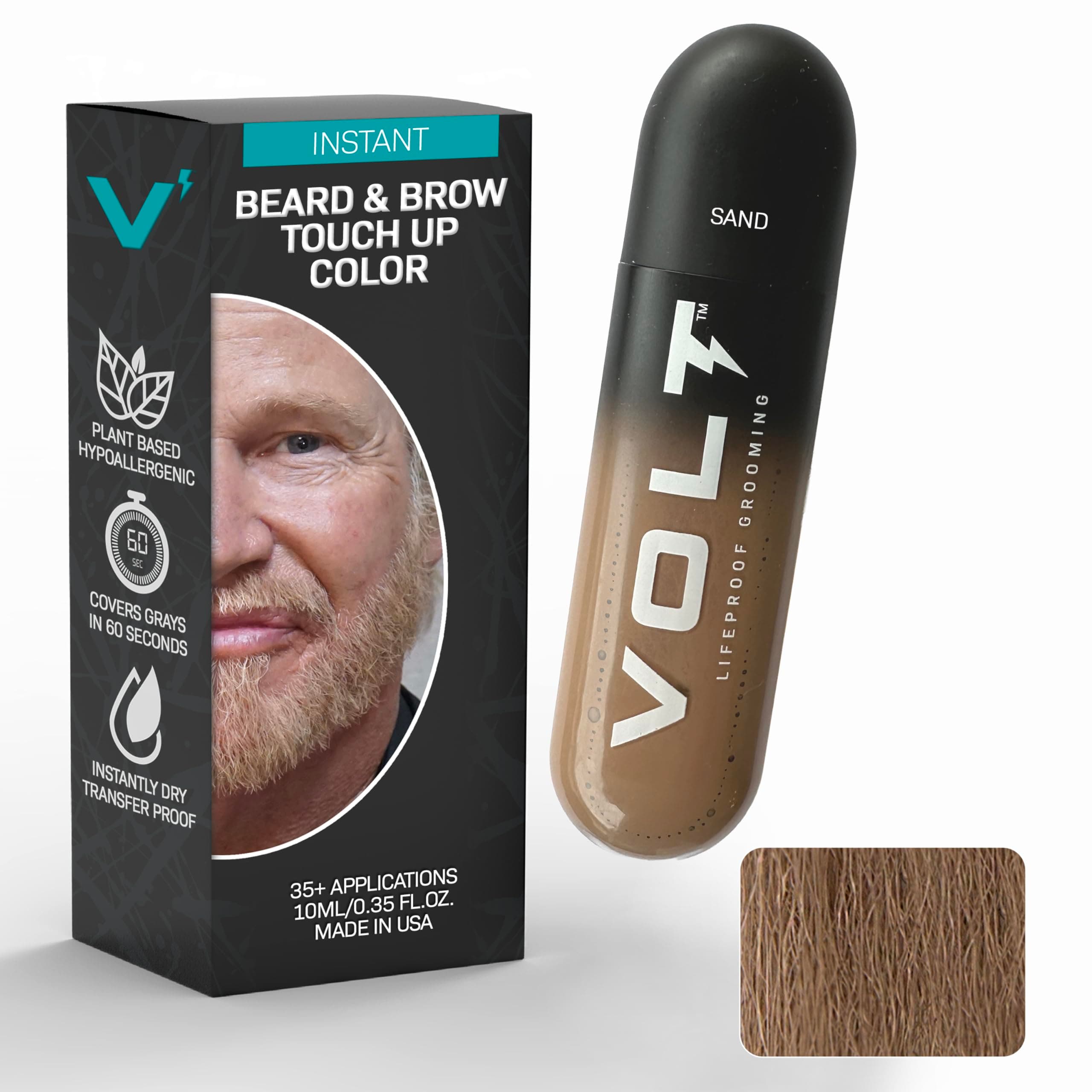 VOLT Grooming Temporary Instant Beard Color for Men, Quick Drying Plant-Based Brush On Beard, Hair, Mustache & Eyebrow Color, Safe for Sensitive Skin, Sand Blonde, 1 Pack, Up to 35 Applications