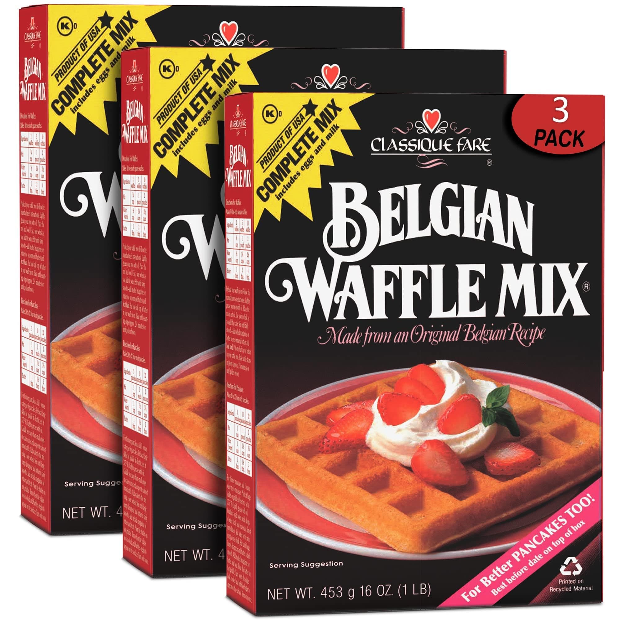 Classique Fare Belgian Waffle Mix - Makes Light and Crisp Waffles, Pancakes, Muffins and Crepes - Works with Griddle Maker - Fast and Fresh Breakfast Foods - 16 OZ Boxes (Pack of 3)