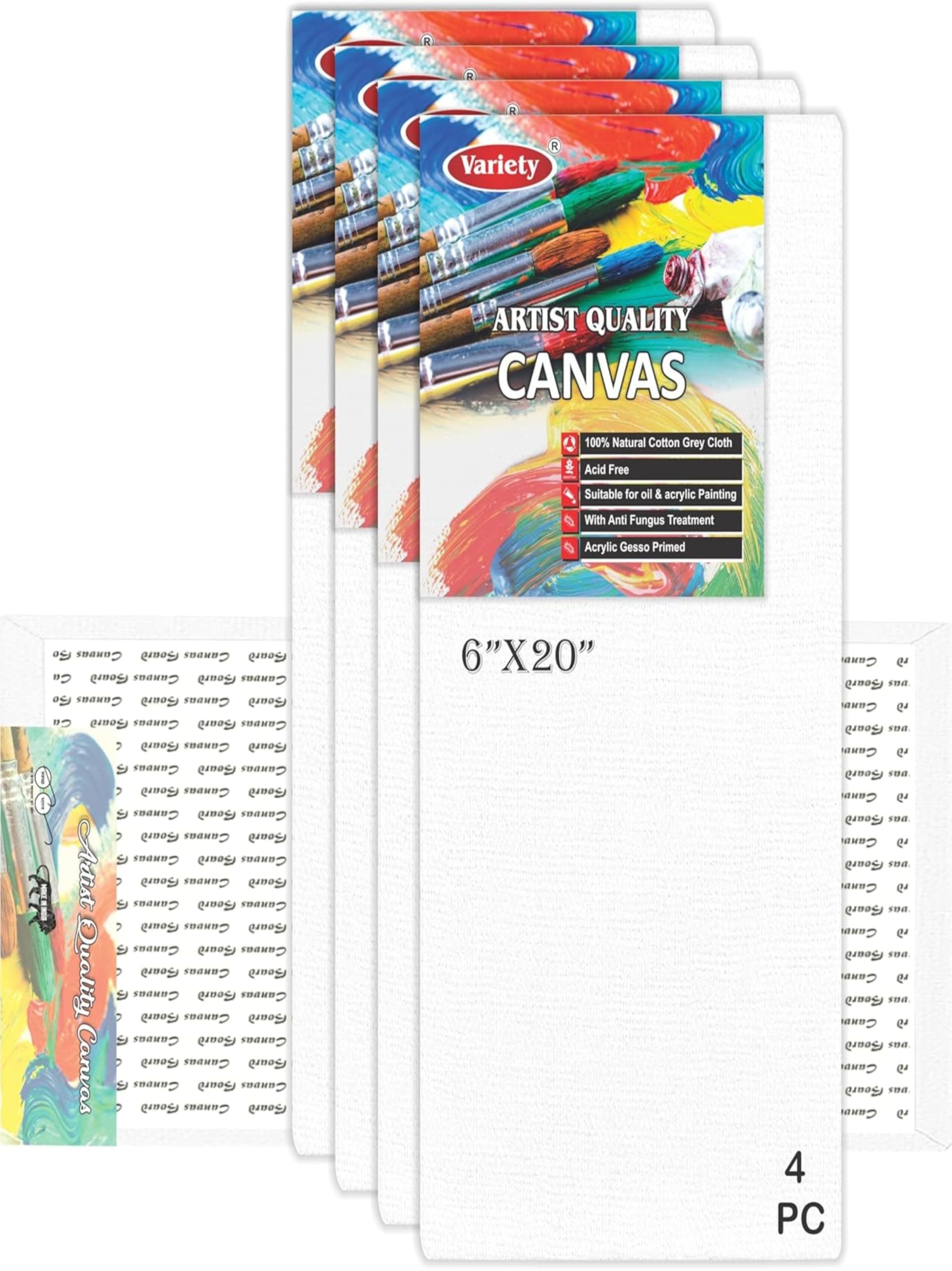 VARIETY CANVAS Canvas Board 7 oz Primed (6"X 20") - Pack of 4, White Color