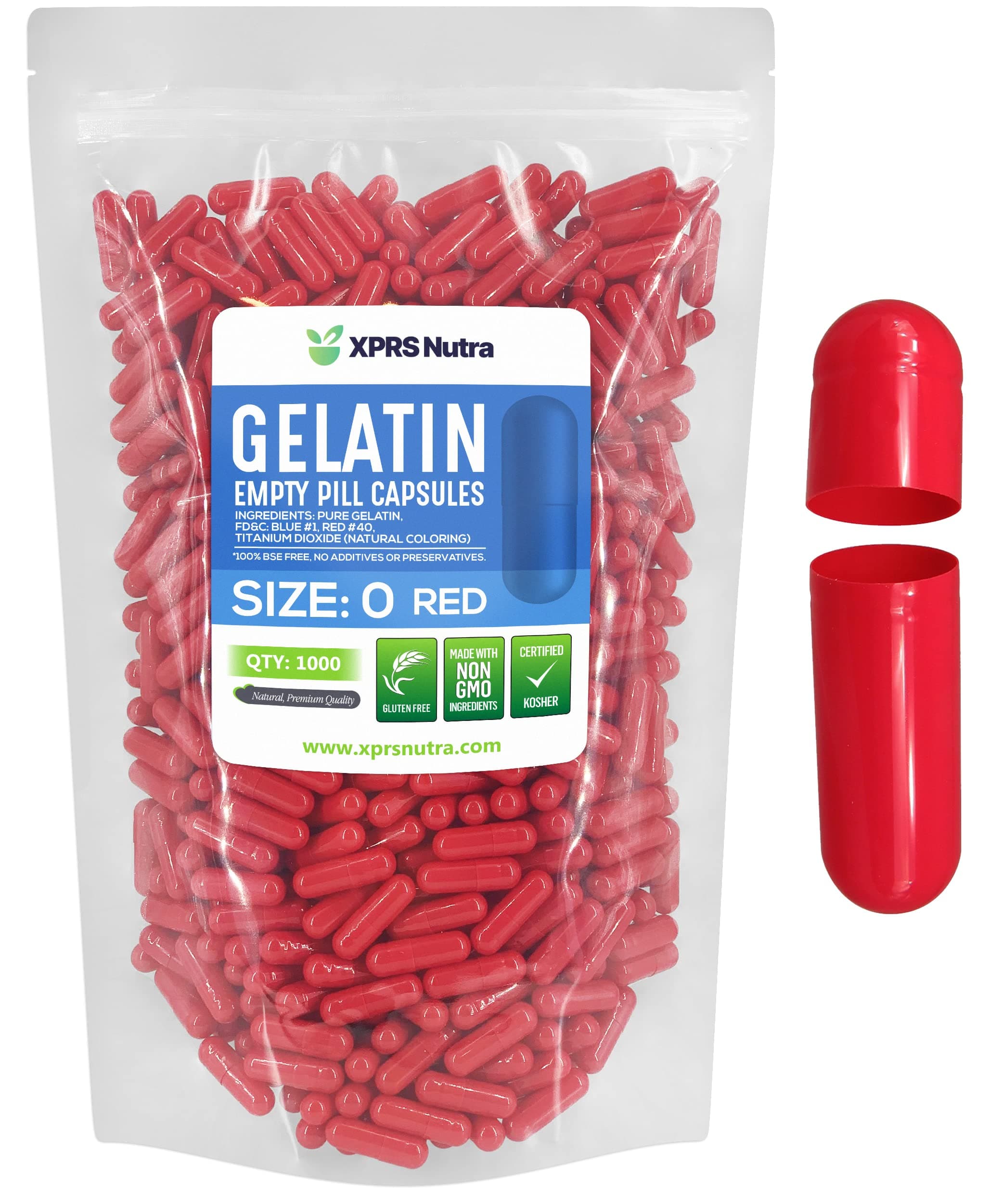 XPRS Nutra Size 0 Empty Capsules - 1000 Count Empty Gelatin Capsules - Pills DIY Capsule Filling - Pure Bovine Pill Gel Caps for Do-It-Yourself Supplements (Red)