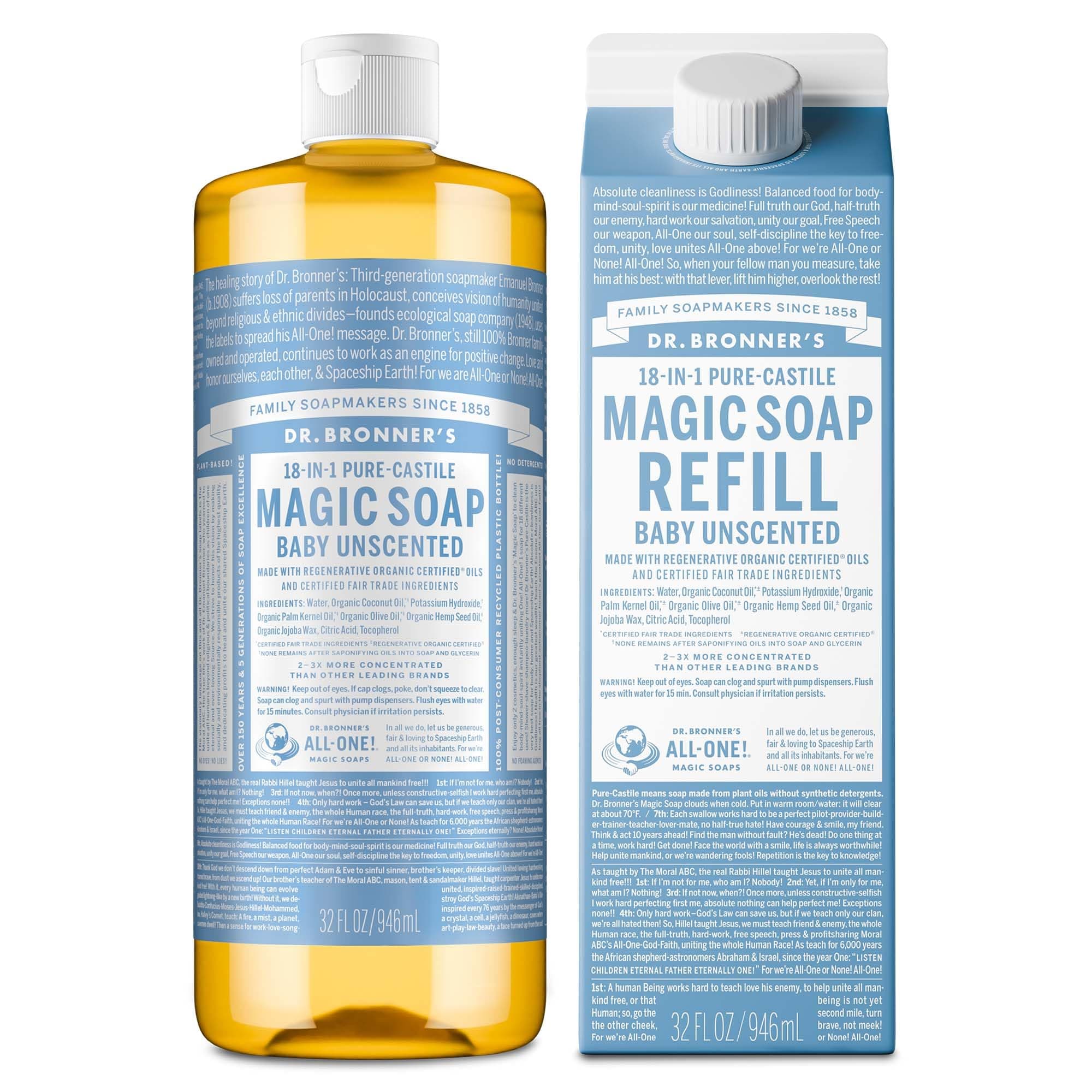 Dr. Bronner's Pure-Castile Liquid Magic Soap Bottle & Refill Carton - Made with Regenerative Organic Certified Oils- 18-in-1 Uses for Face, Body Wash, Hand Soap Refill- Baby Unscented, 32 oz