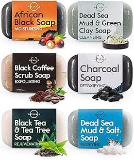 6-Piece Black Soap Bar Collection. 100% Natural. Organic Ingredients. Helps Treat Acne, Repairs Skin, Moisturizes, Deep Cleanse, Luxurious. Face & Body Women & Men. Triple Milled, Vegan 4oz