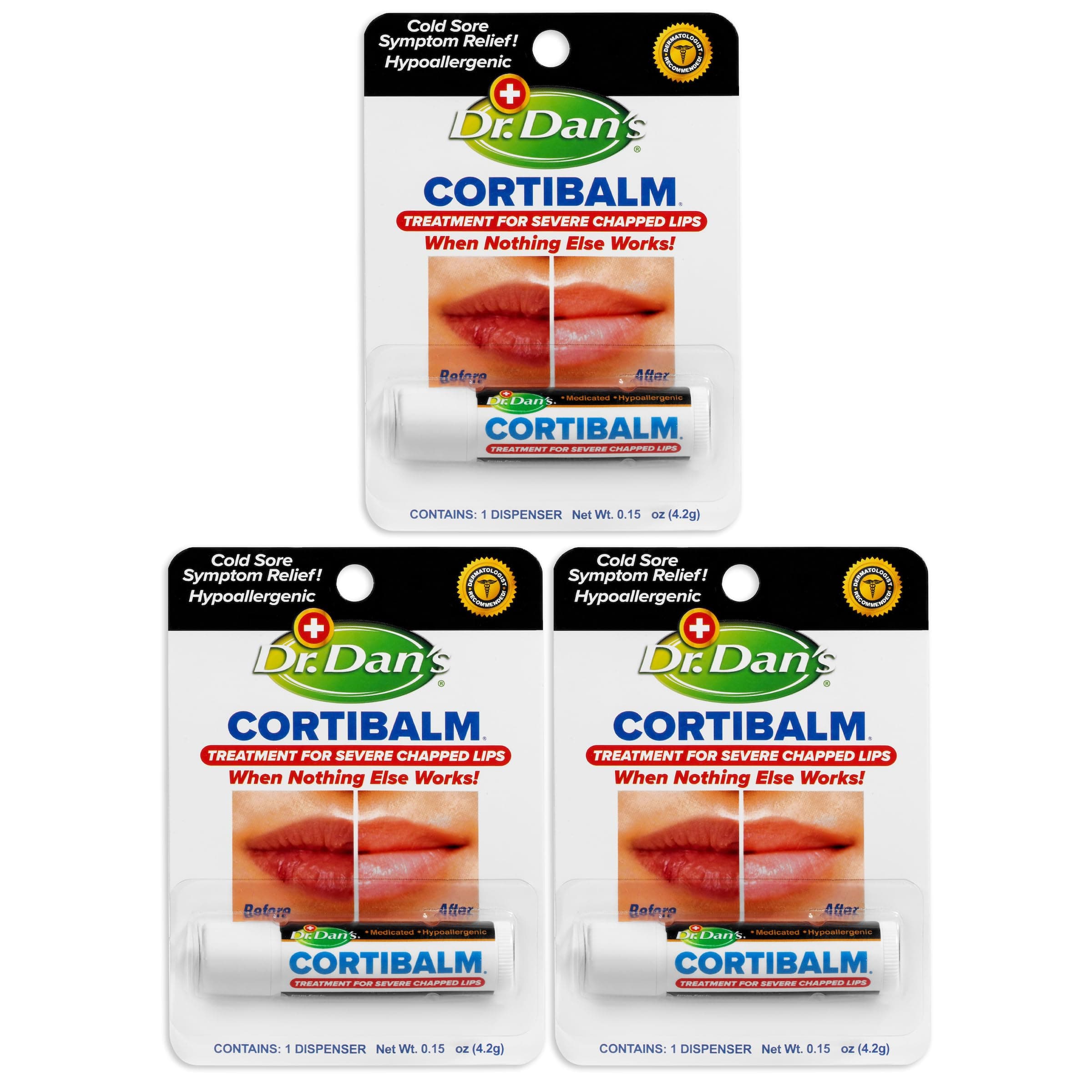 Dr. Dan's Cortibalm- 3 Pack- for Dry Cracked Lips - Healing Lip Balm for Severely Chapped Lips - Designed for Men, Women and Children