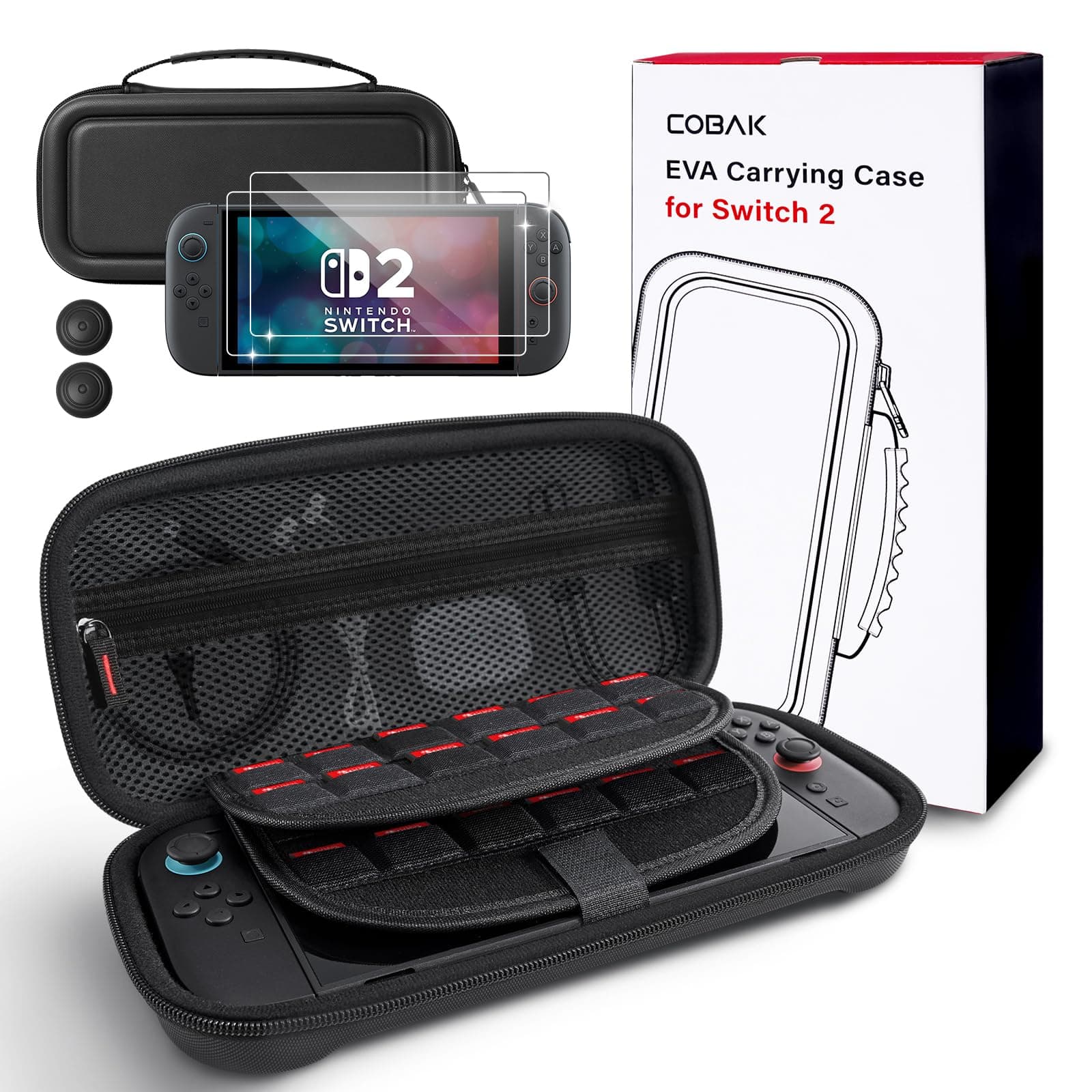 - CoBak Large Capacity Carrying Case for Nintendo Switch 2 ( 2025 ) , Ultra Slim Premium EVA Travel Pouch with 24 Game Cartridges, Screen Protective Cover, Accessories Storage Bag, Black