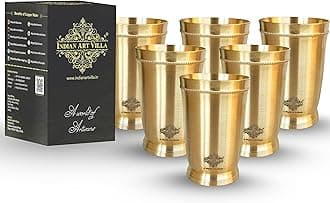 INDIAN ART VILLA Pure Brass Matt Finish Glass/Tumbler with Brass Bottom, for Drinking Serving Water, Yoga & Ayurveda, Volume-270 ML, Set of 6